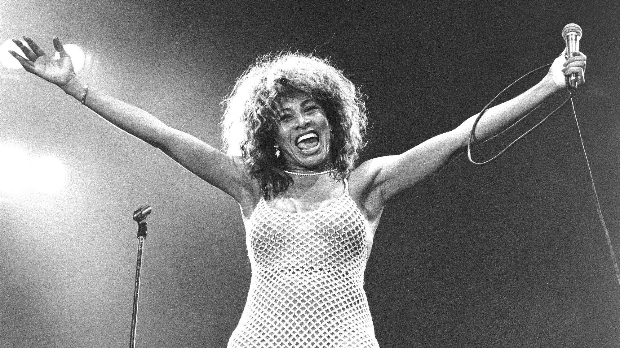 Tina Turner on stage at Wembley 1990.