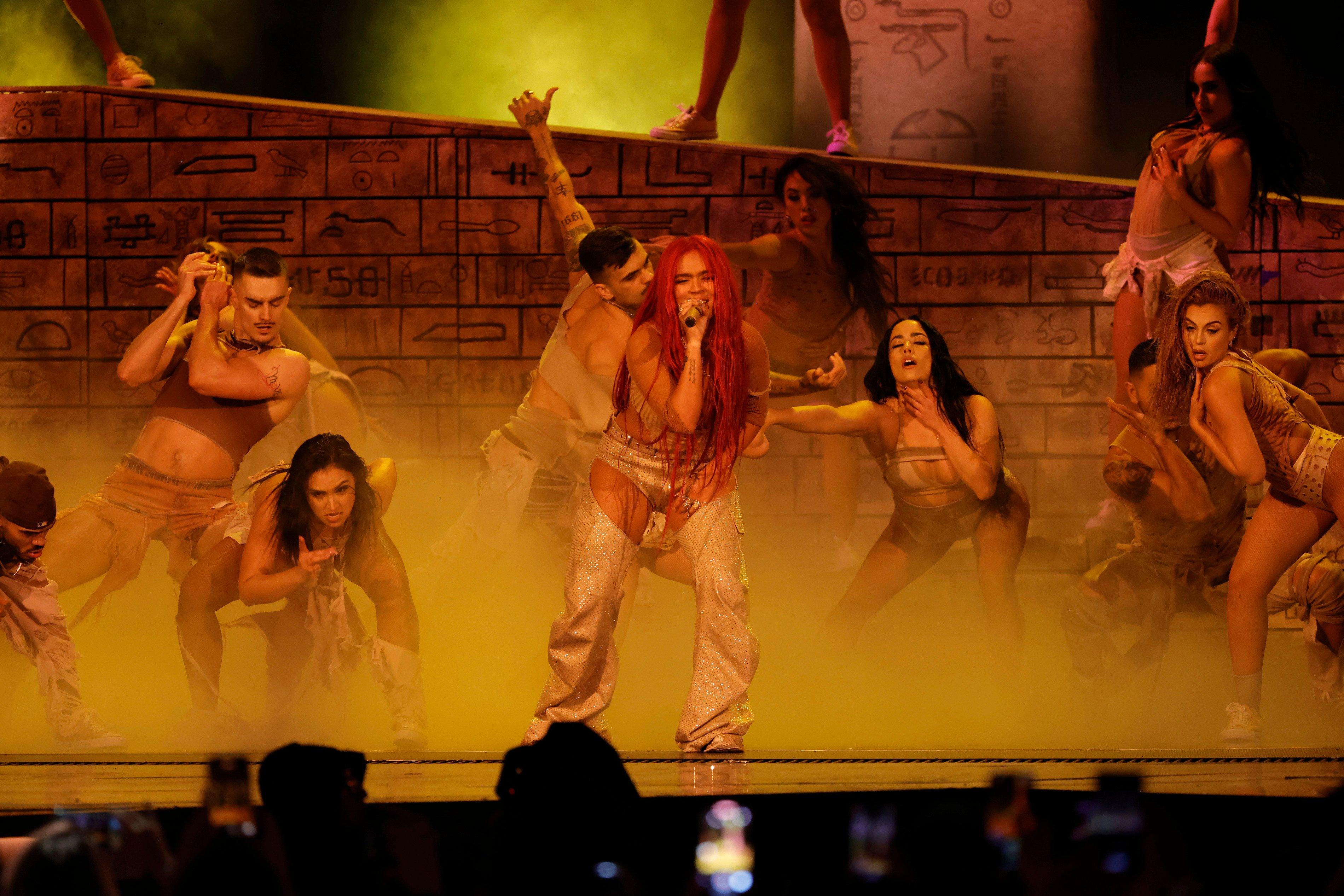 Photo of Karol G performing onstage during 2022 Latin GRAMMY Awards at Michelob ULTRA Arena on November 17, 2022, in Las Vegas, Nevada
