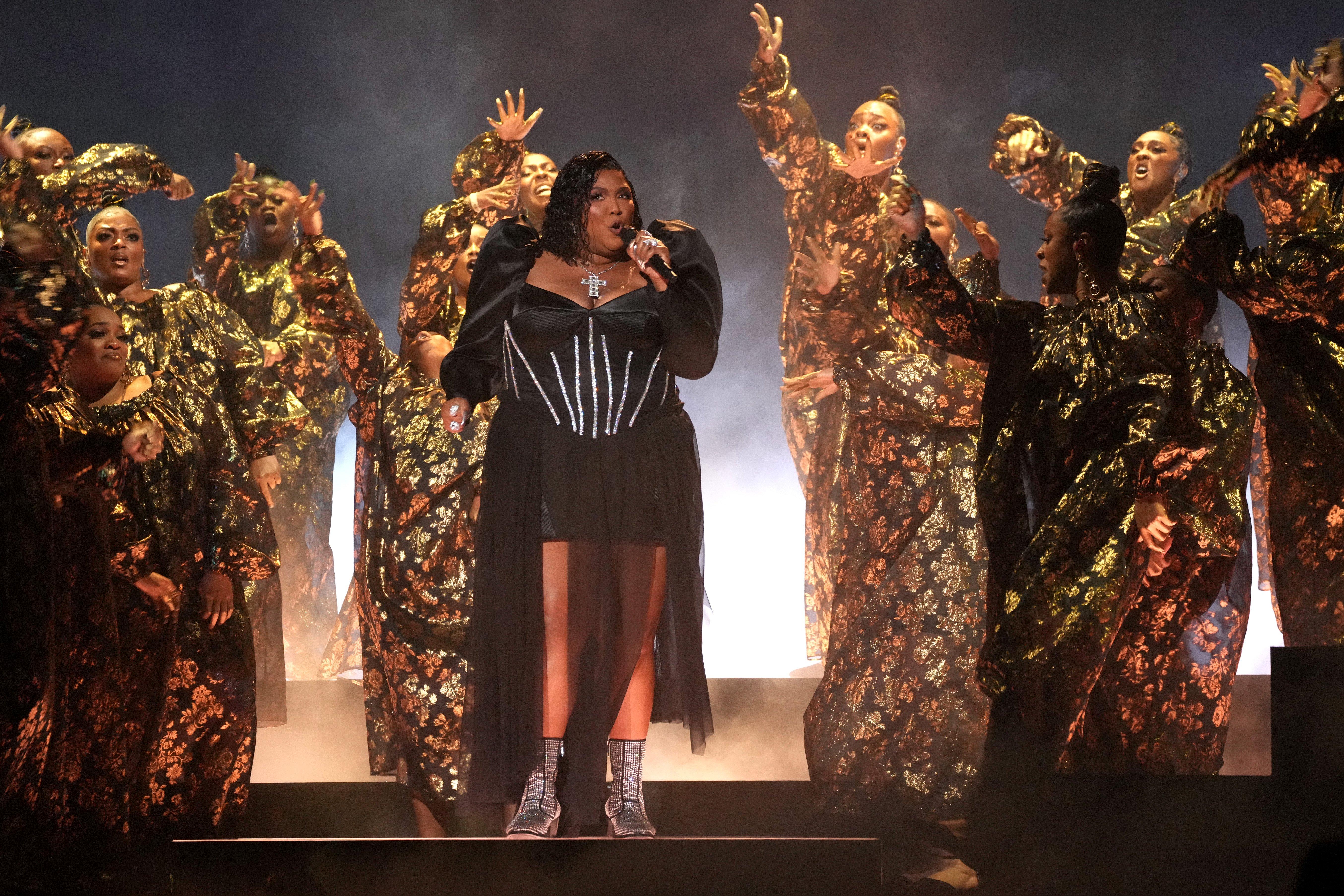 Photo of Lizzo performing at the 2023 GRAMMYs.