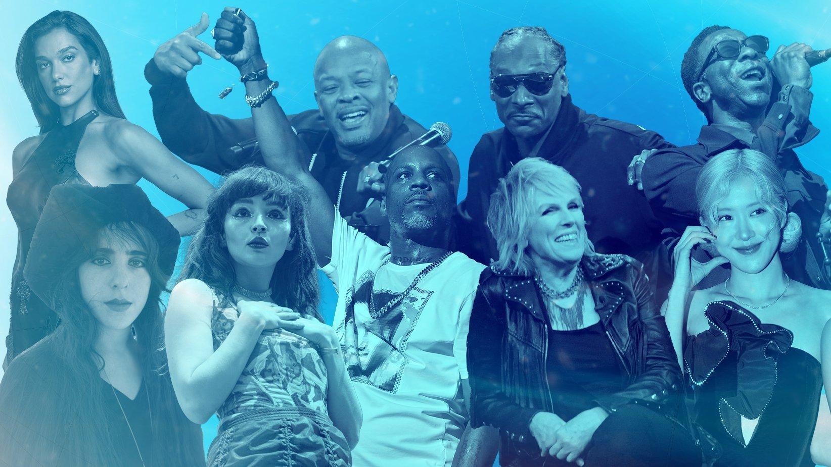 Dua Lipa, Dr. Dre & Snoop Dogg, Greg Lee of Hepcat, Rosé, Lucinda Williams, DMX, Lauren Mayberry & Laura Nyro in collage