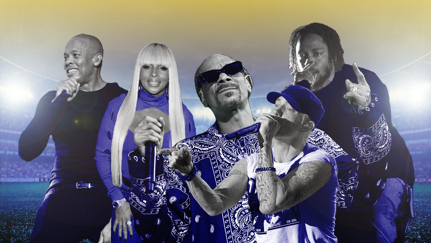(L-R) Dr. Dre, Mary J. Blige, Snoop Dogg, Eminem, Kendrick Lamar