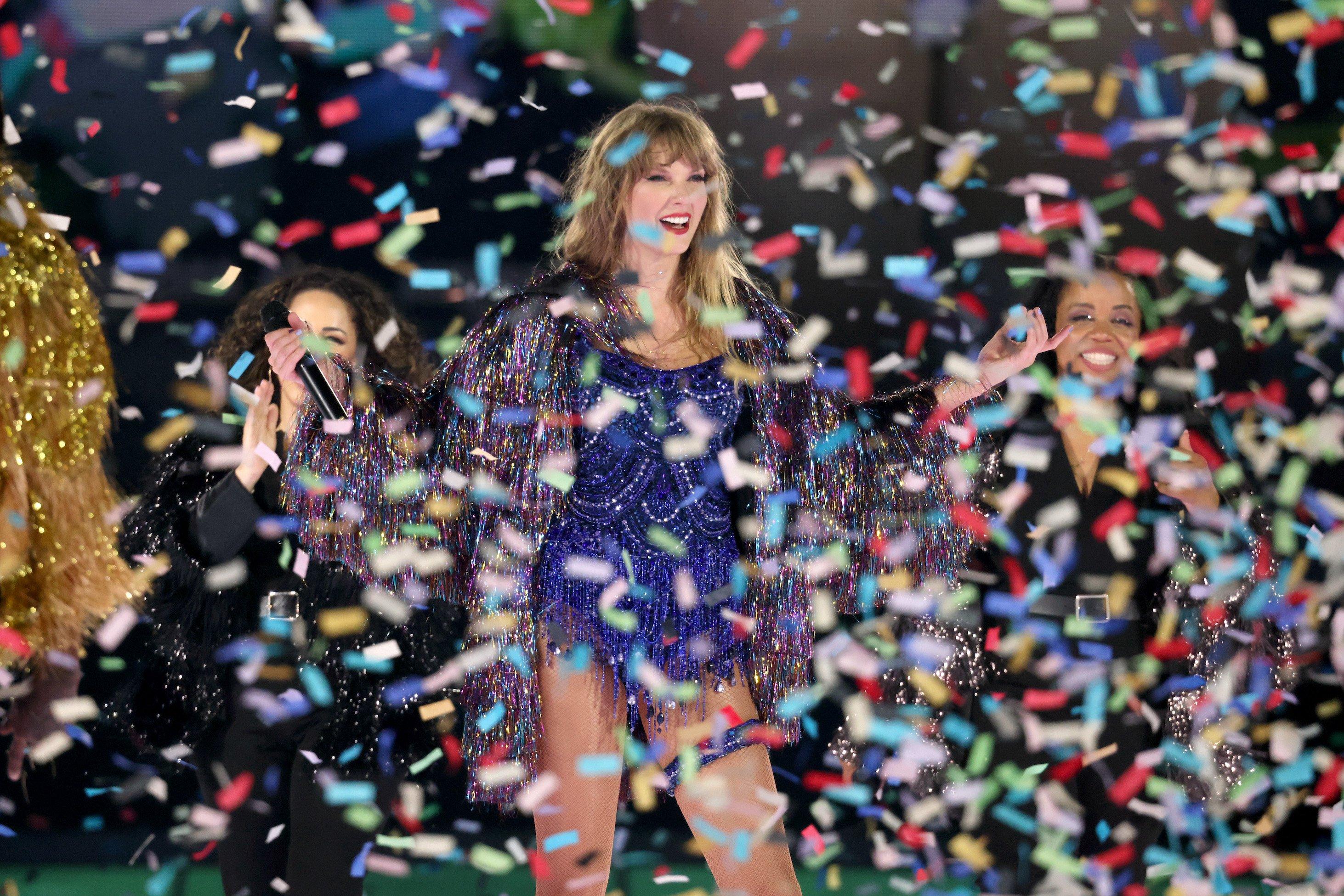 Taylor Swift performs during night one of the Eras Tour in Kansas City in July 2023.