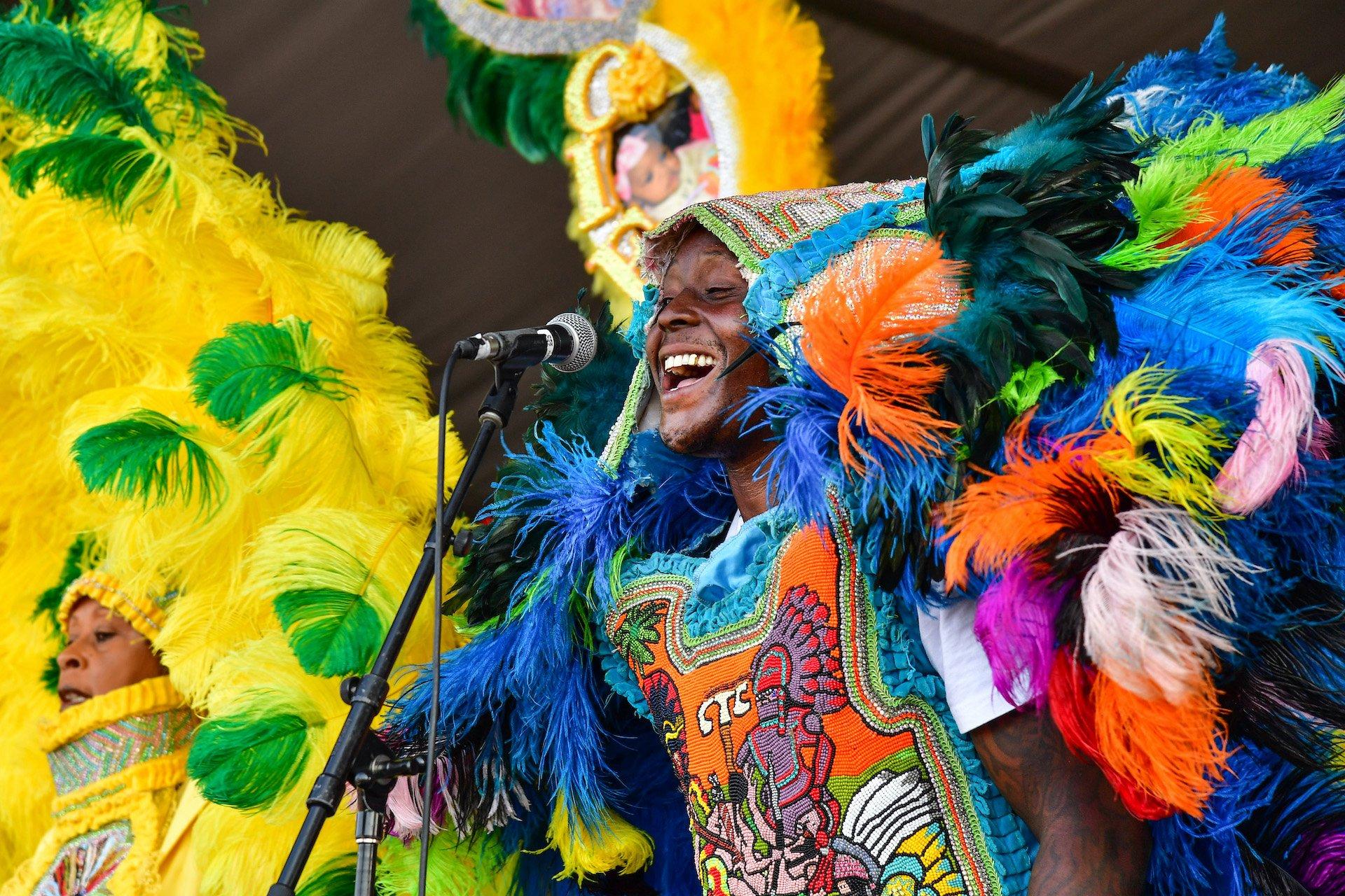 Photo of The Wild Magnolias Mardi Gras Indians performing during the 2019 New Orleans Jazz & Heritage Festival