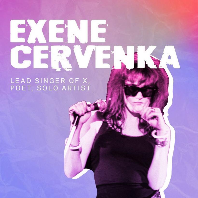Graphic featuring photo of Exene Cervenka performing live in 1983