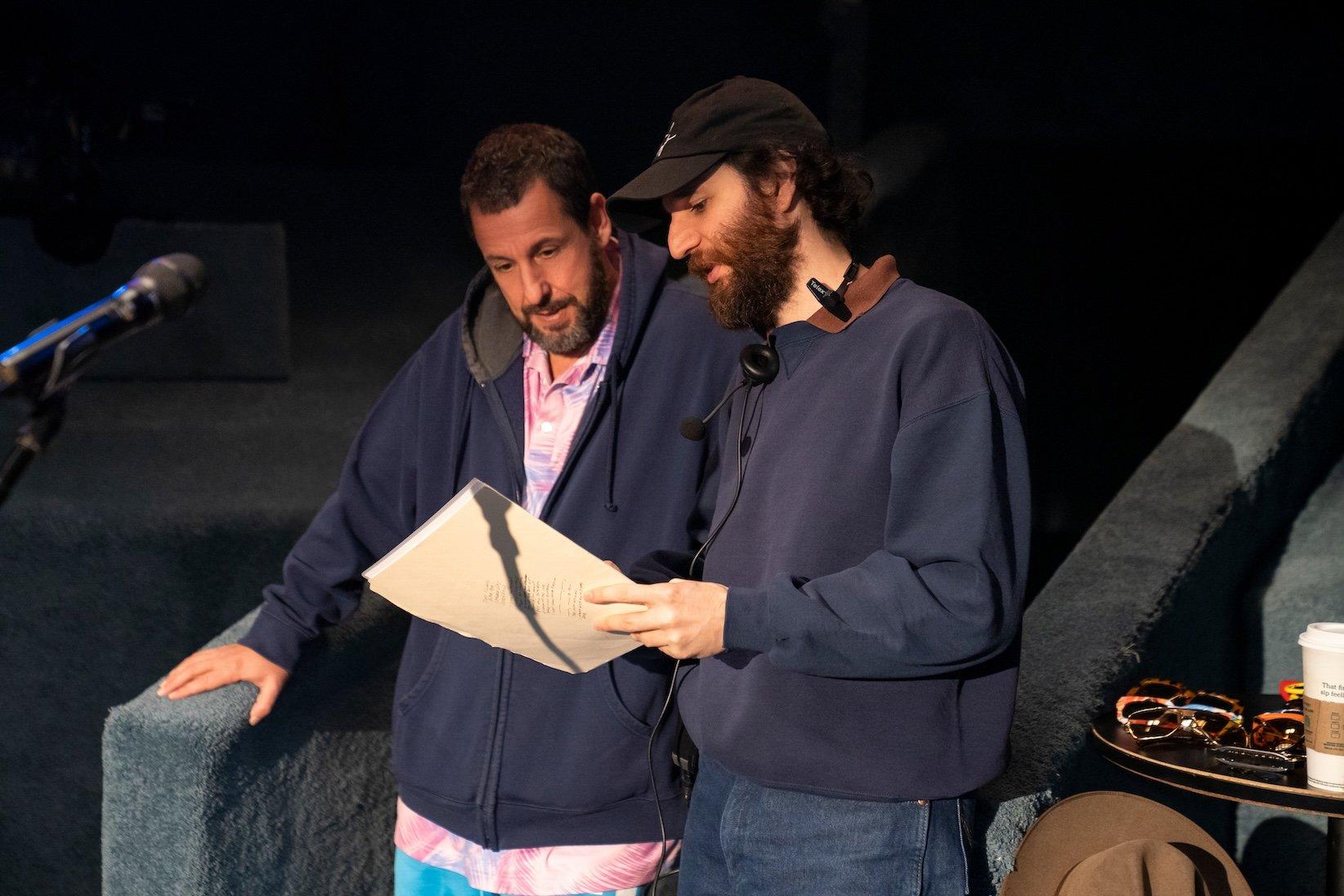 Still from Netflix's 'Adam Sandler: Love You.' Adam Sandler (L) and Josh Safdie (R) at the Nocturne Theater in Glendale, California.