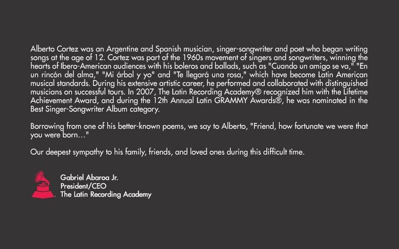 THE LATIN RECORDING ACADEMY® RE: ALBERTO CORTEZ