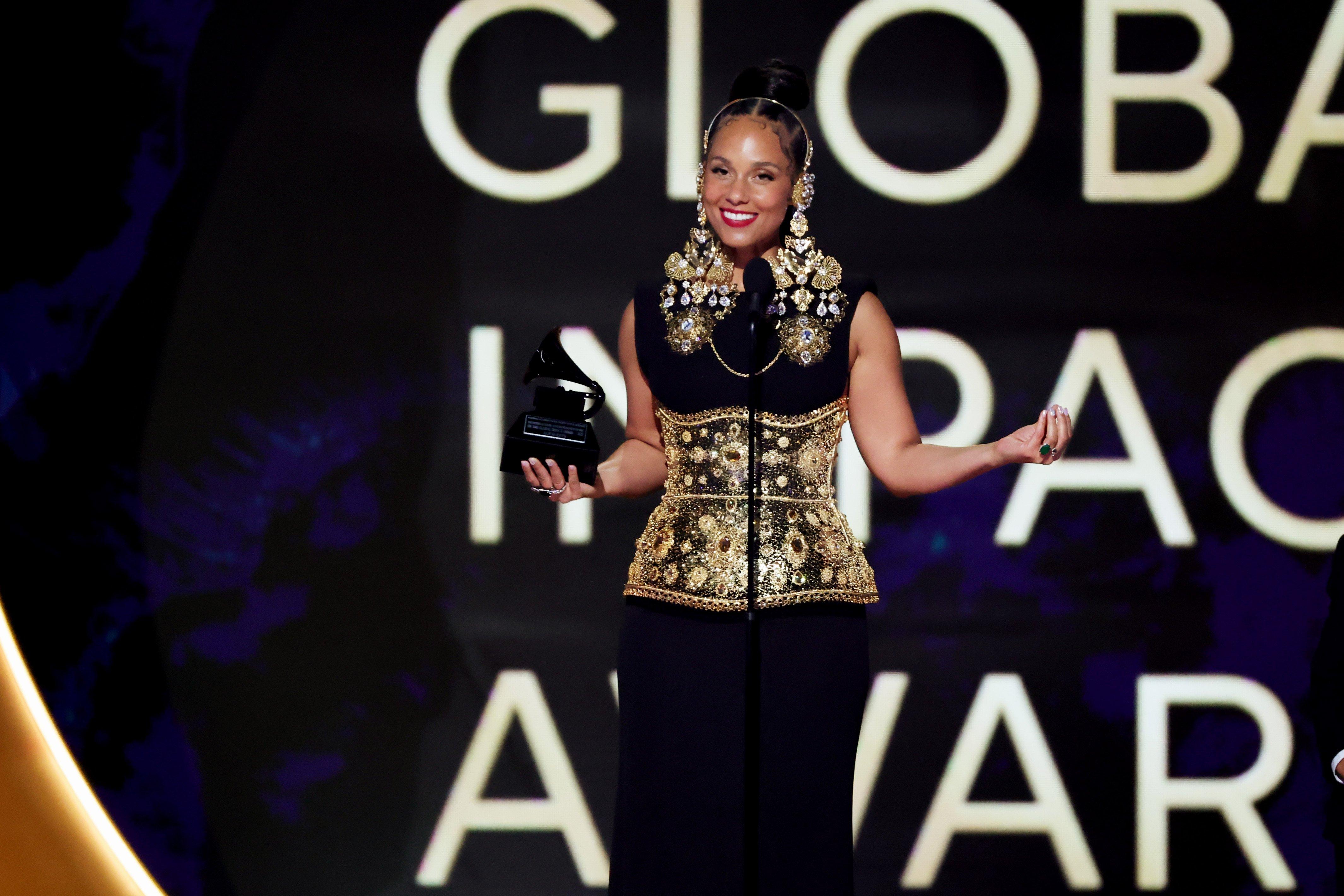 Honoree Alicia Keys accepts the Dr. Dre Global Impact Award onstage during the 67th Annual GRAMMY Awards at Crypto.com Arena on February 02, 2025 in Los Angeles, California