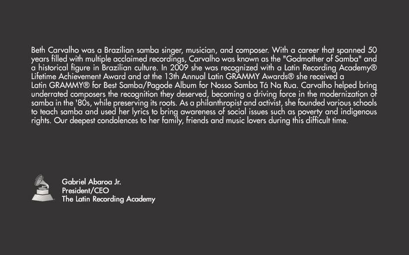  The Latin Recording Academy®  Re: Beth Carvalho