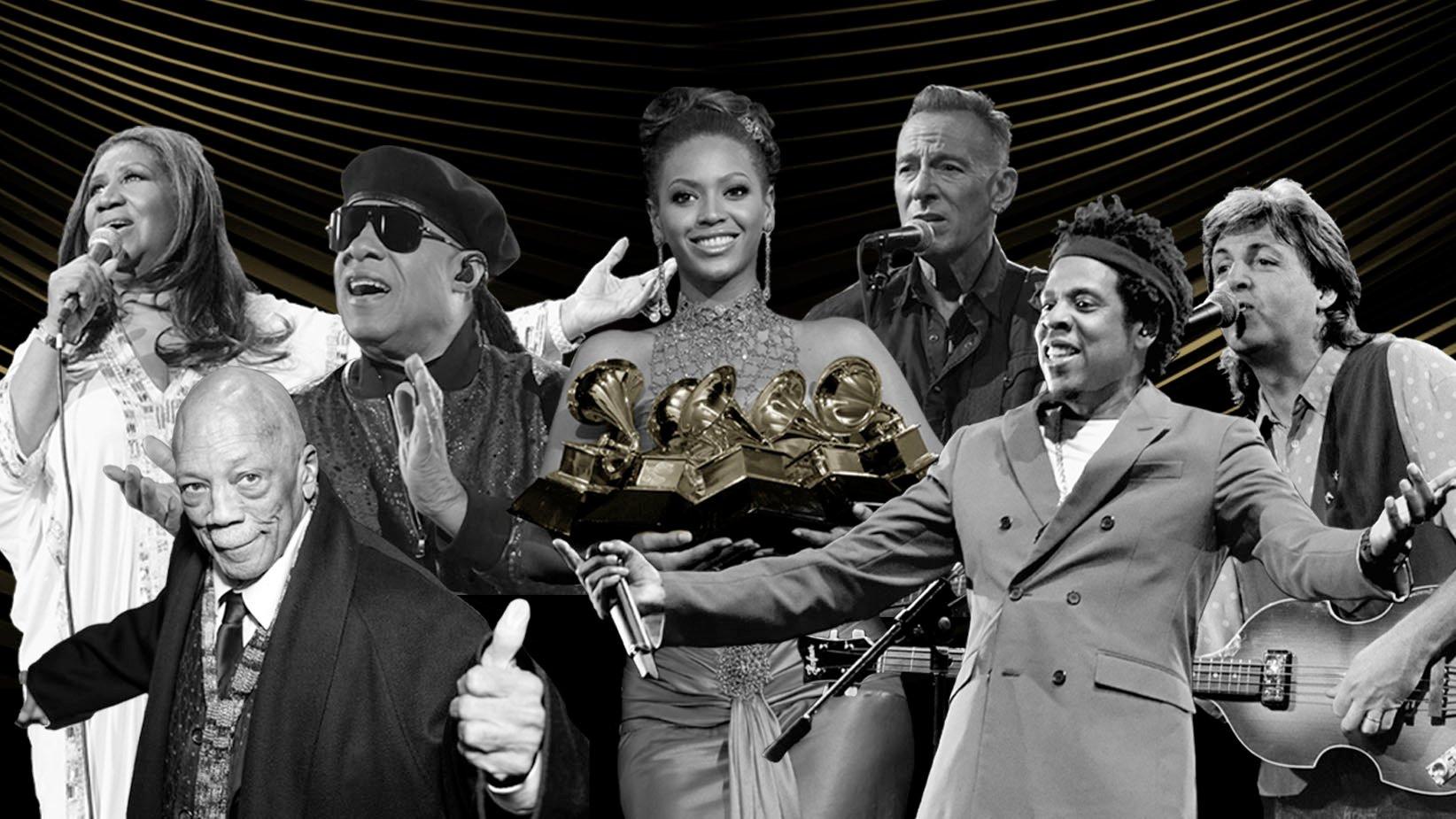 Collage image featuring photos of (L-R): Aretha Franklin, Quincy Jones, Stevie Wonder, Beyoncé, Bruce Springsteen, Jay-Z, Paul McCartney