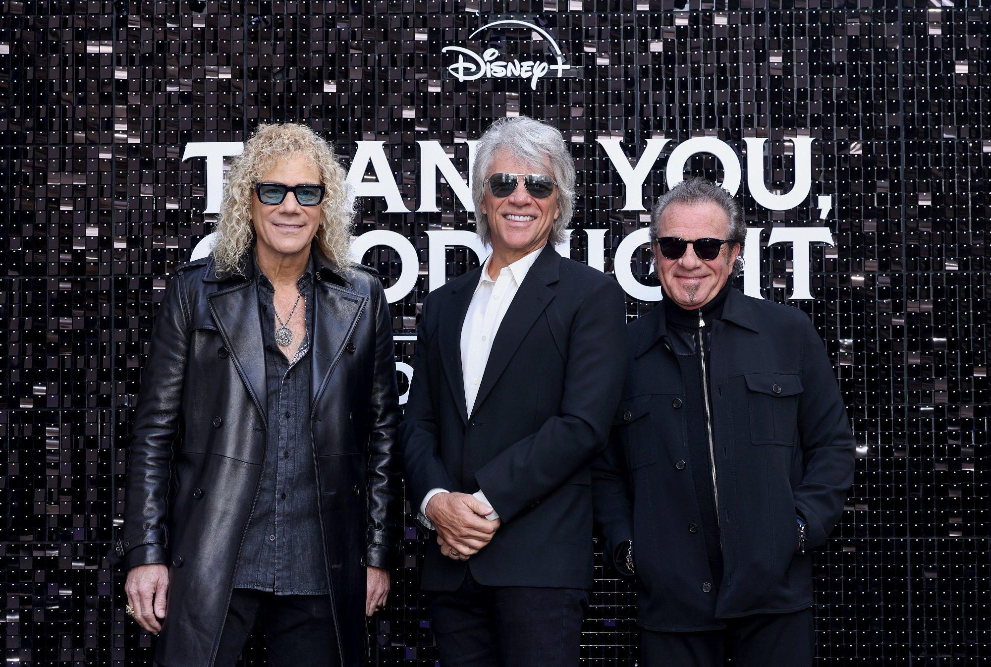 David Bryan, Jon Bon Jovi and Tico Torres attend the UK Premiere of "Thank You and Goodnight: The Bon Jovi Story" on April 17, 2024 in London, England