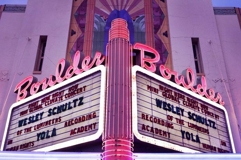 Photo of the outdoor marquee sign at the Boulder Theater in Colorado for the Right Here, Right Now Mini Global Climate Concert Series on April 13, 2023