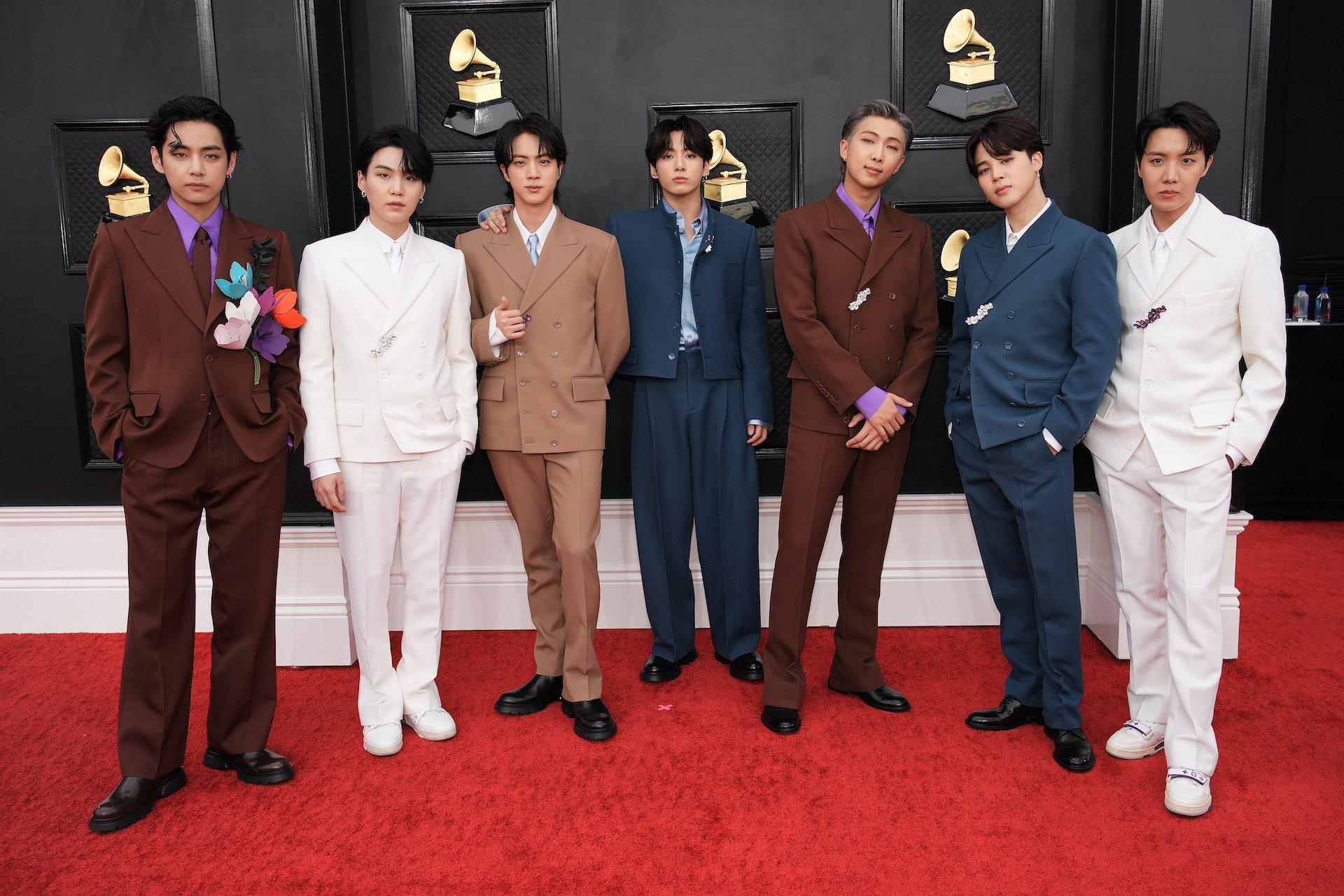 See BTS' Jin, Jimin, Suga, RM, J-Hope, V, and Jungkook's Grammys 2022  Outfits