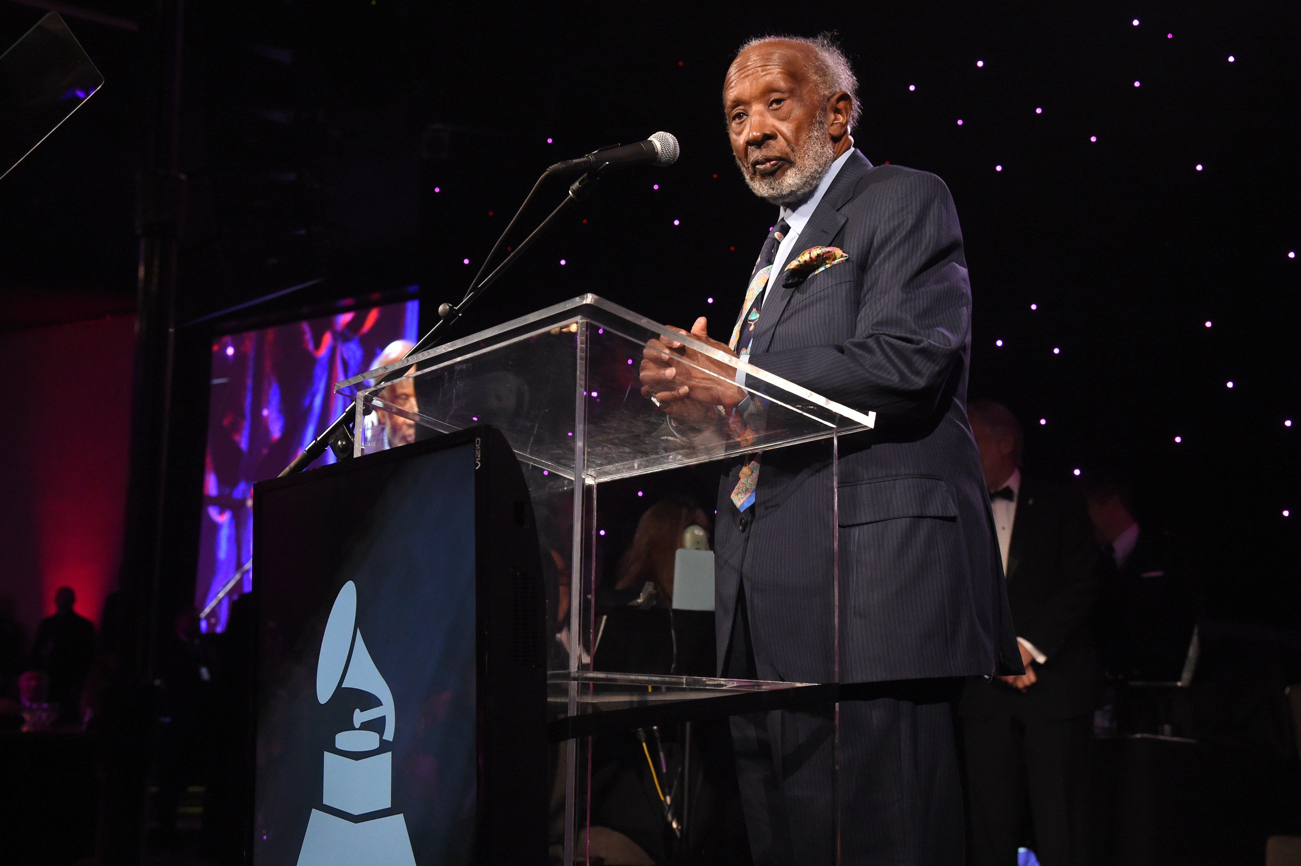 Photo of Clarence Avant accepting the Industry Icons Award onstage during the Pre-GRAMMY Gala and GRAMMY Salute to Industry Icons Honoring Clarence Avant at The Beverly Hilton Hotel on February 9, 2019, in Beverly Hills, California