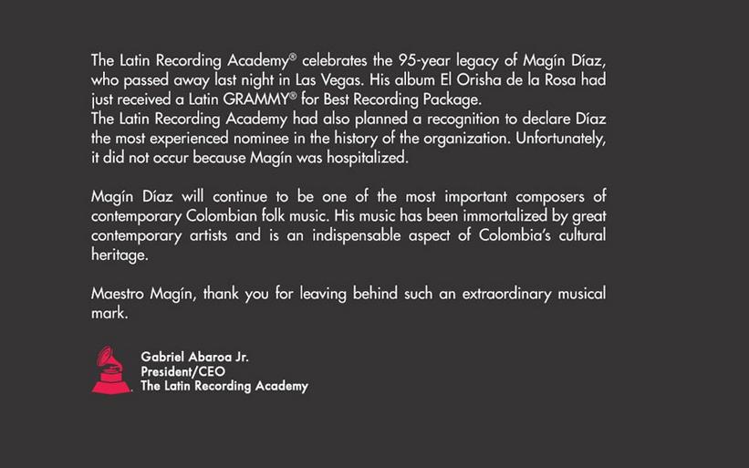  The Latin Recording Academy Statement Re: Magín Díaz