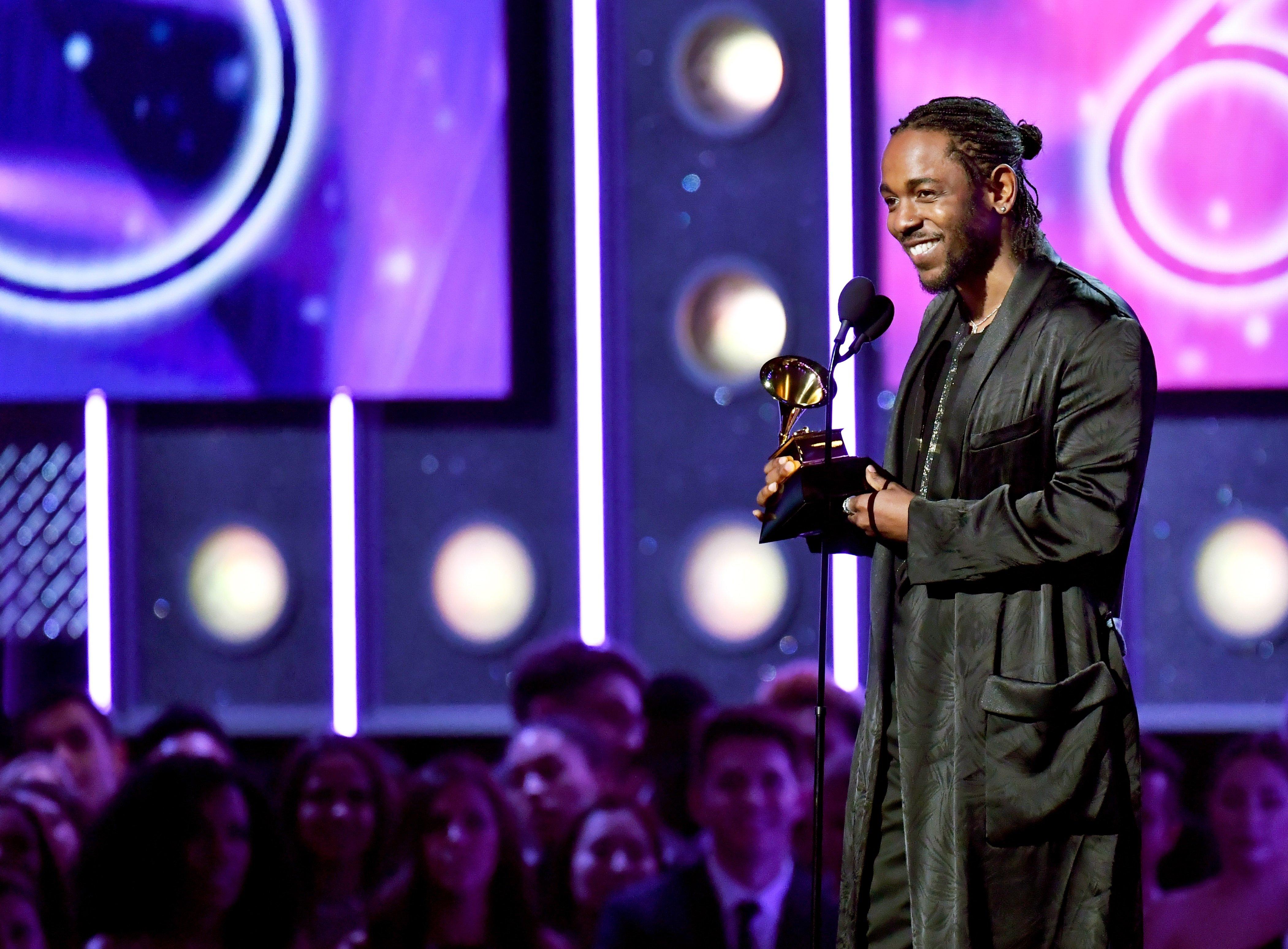 Kendrick Lamar on stage at the 60th GRAMMY Awards