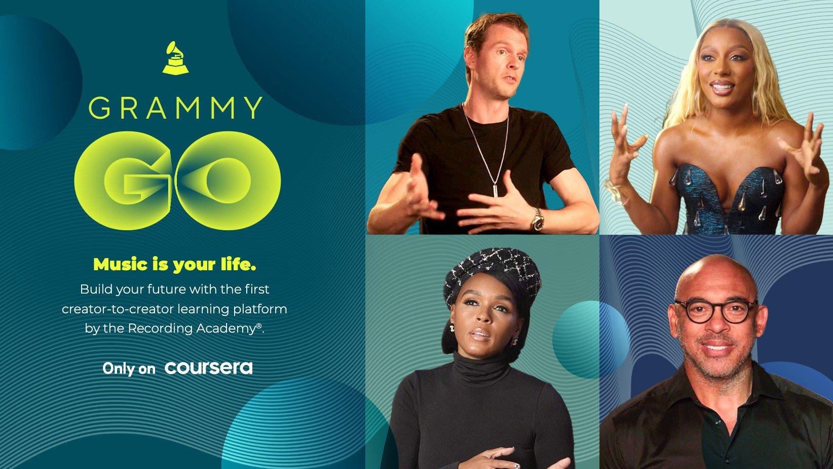 Composite graphic with the logo for GRAMMY Go on the left with four photos in a grid on the right, featuring (clockwise from the top-left) CIRKUT, Victoria Monét, Recording Academy CEO Harvey Mason jr., and Janelle Monáe