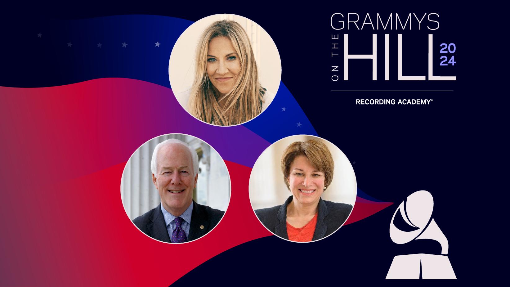 Collage featuring photos of (L-R) Sen. John Cornyn, Sheryl Crow and Sen. Amy Klobuchar. The graphic features key art featuring the words GRAMMYs On The Hill Awards 2024 and the Recording Academy logo and a GRAMMY Award statue.
