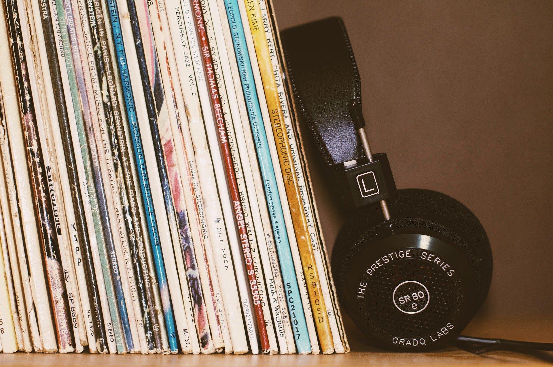 Stack of vinyl and headphones