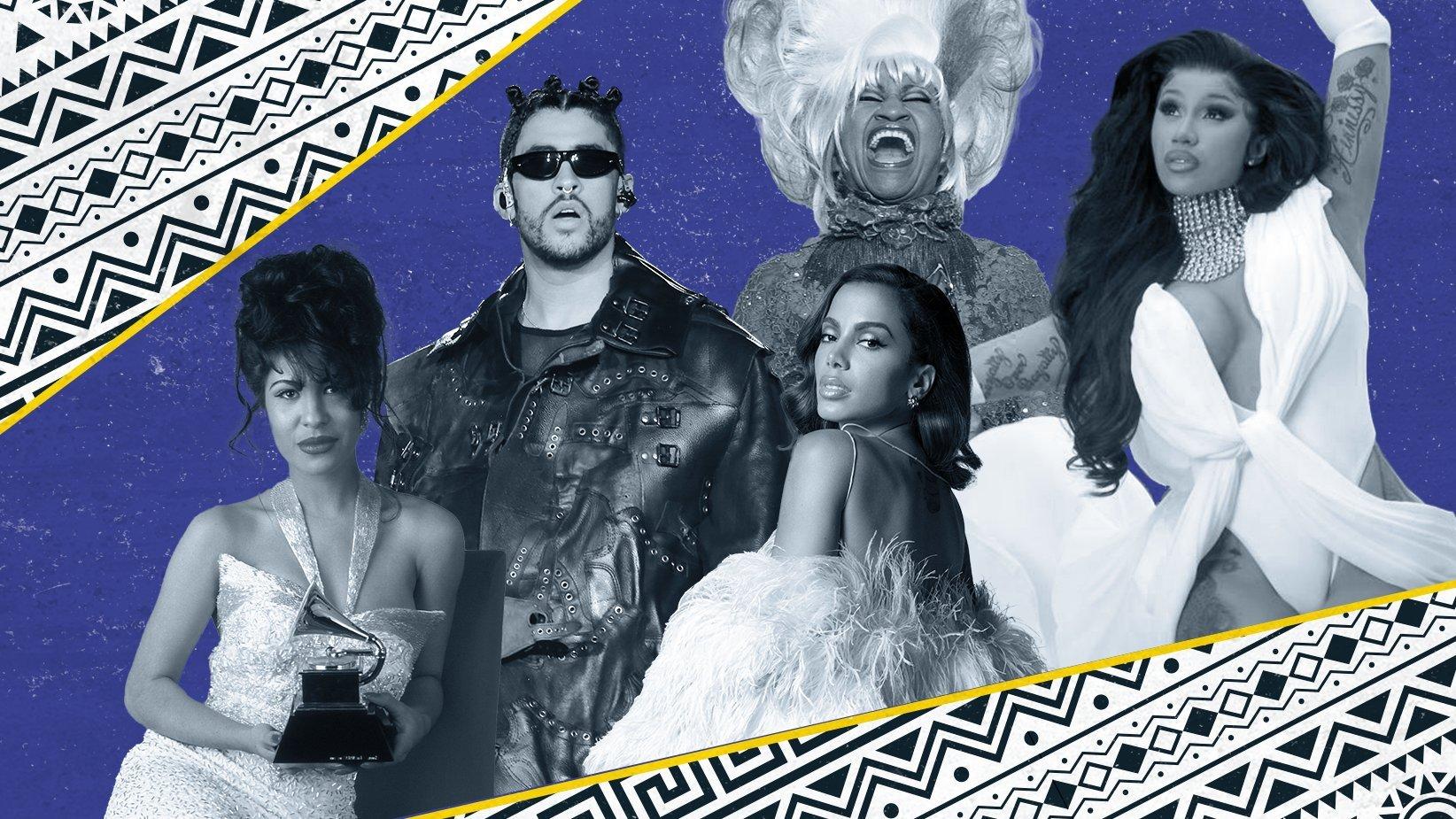 Graphic featuring photos of (L-R): Selena, Bad Bunny, Anitta, Celia Cruz, Cardi B