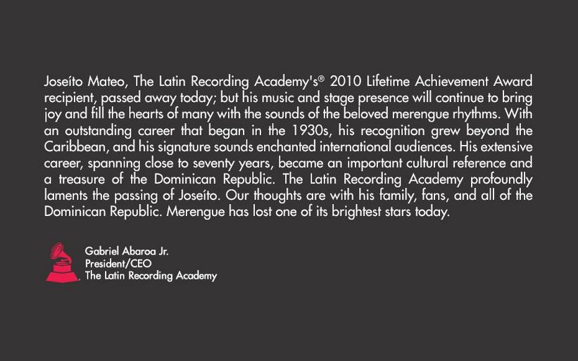 The Latin Recording Academy® Statement Re: Joseíto Mateo