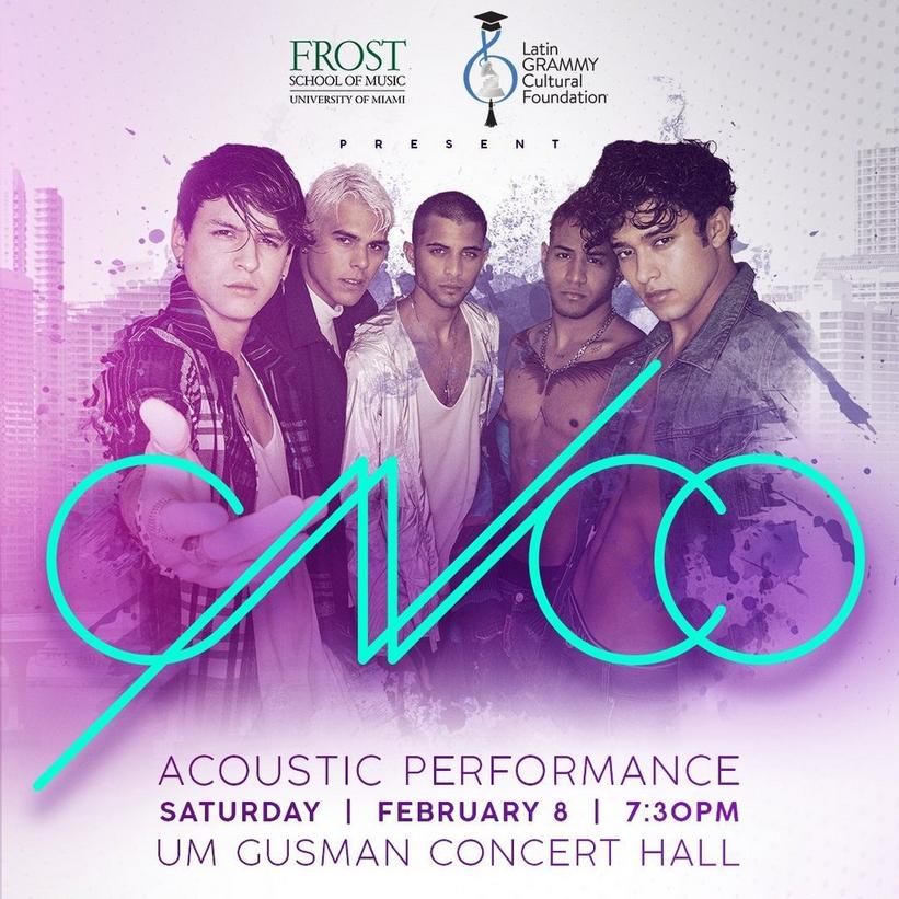 CNCO, nominado al Latin GRAMMY® ofrecerá un concierto acústico benéfico el 8 de febrero de 2020 en el Maurice Gusman Hall de UM