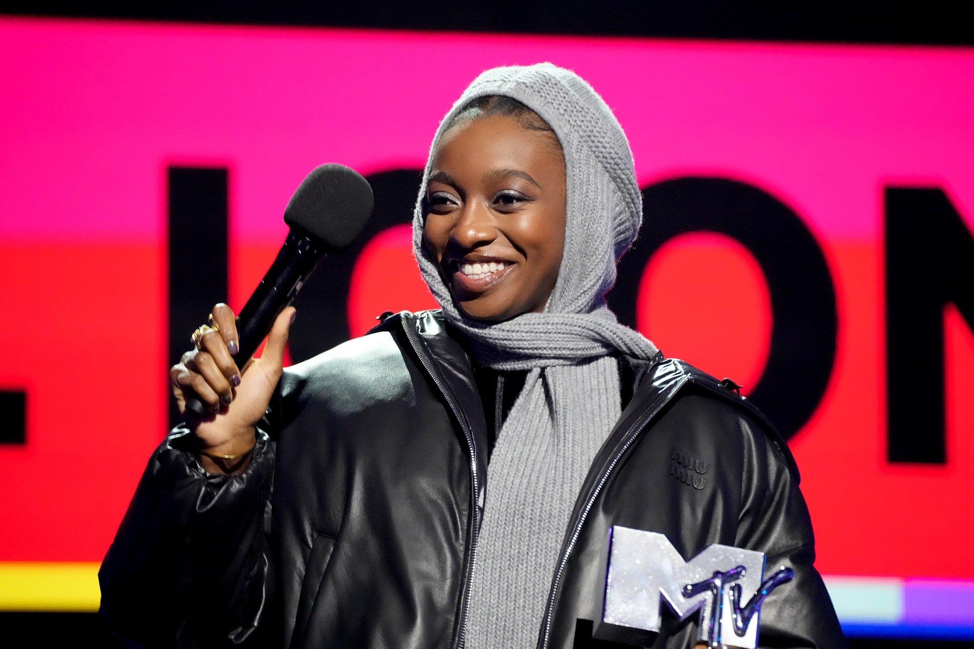 Little Simz speaks onstage during the MTV EMAs 2024 in Manchester, England