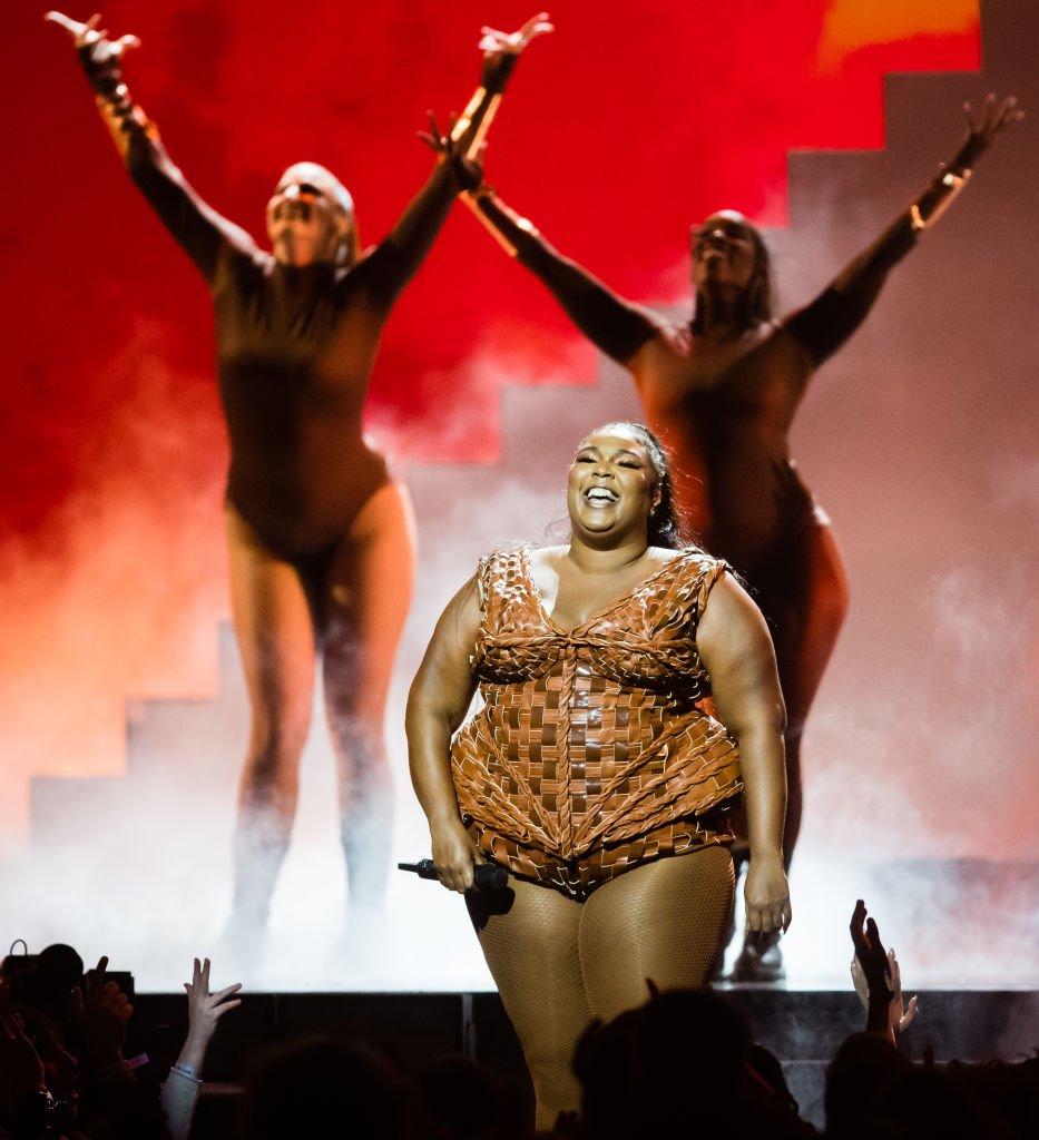 Lizzo performs during at the 2020 BRIT Awards