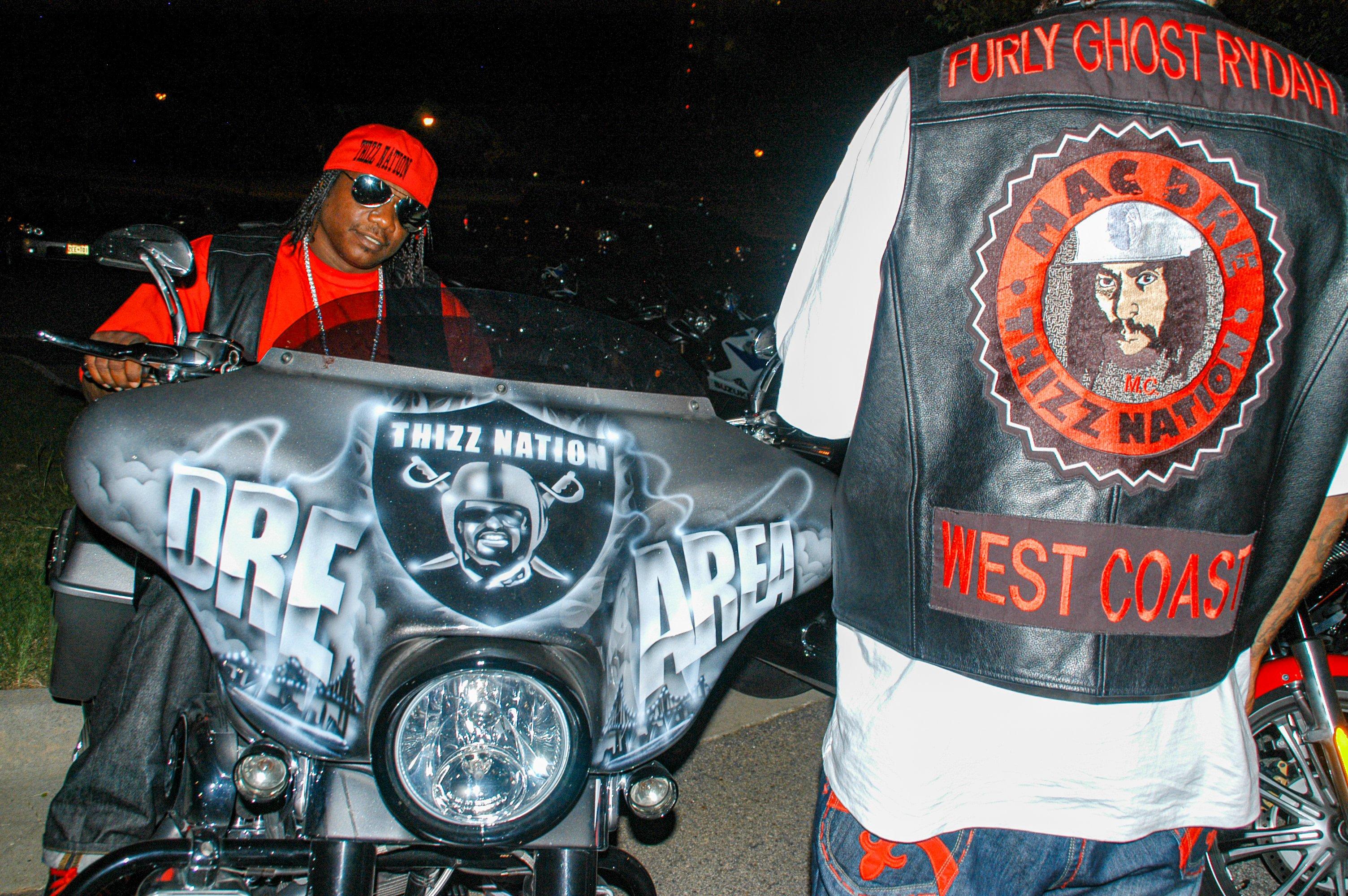 Rapper J Diggs  and Big Dant of Thizz Entertainment with their Mac Dre-themed motorcycles
