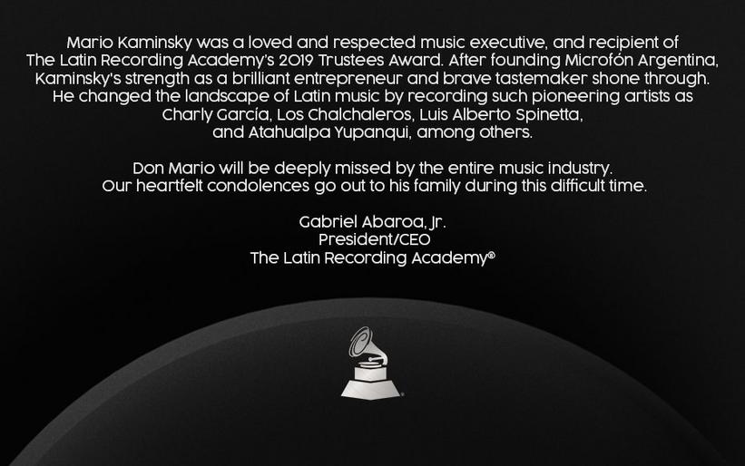The Latin Recording Academy® statement about Mario Kaminsky