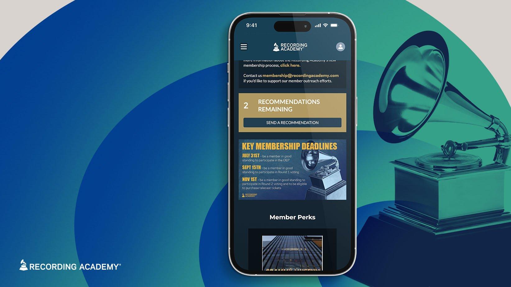 Graphic featuring the Recording Academy's My Academy Hub app next to a GRAMMY Award trophy on top of a blue and turquoise background