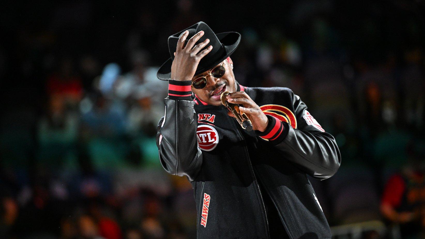 Ne-Yo performs onstage during halftime at the game between the Brooklyn Nets and the Atlanta Hawks at State Farm Arena on February 26, 2023 in Atlanta, Georgia