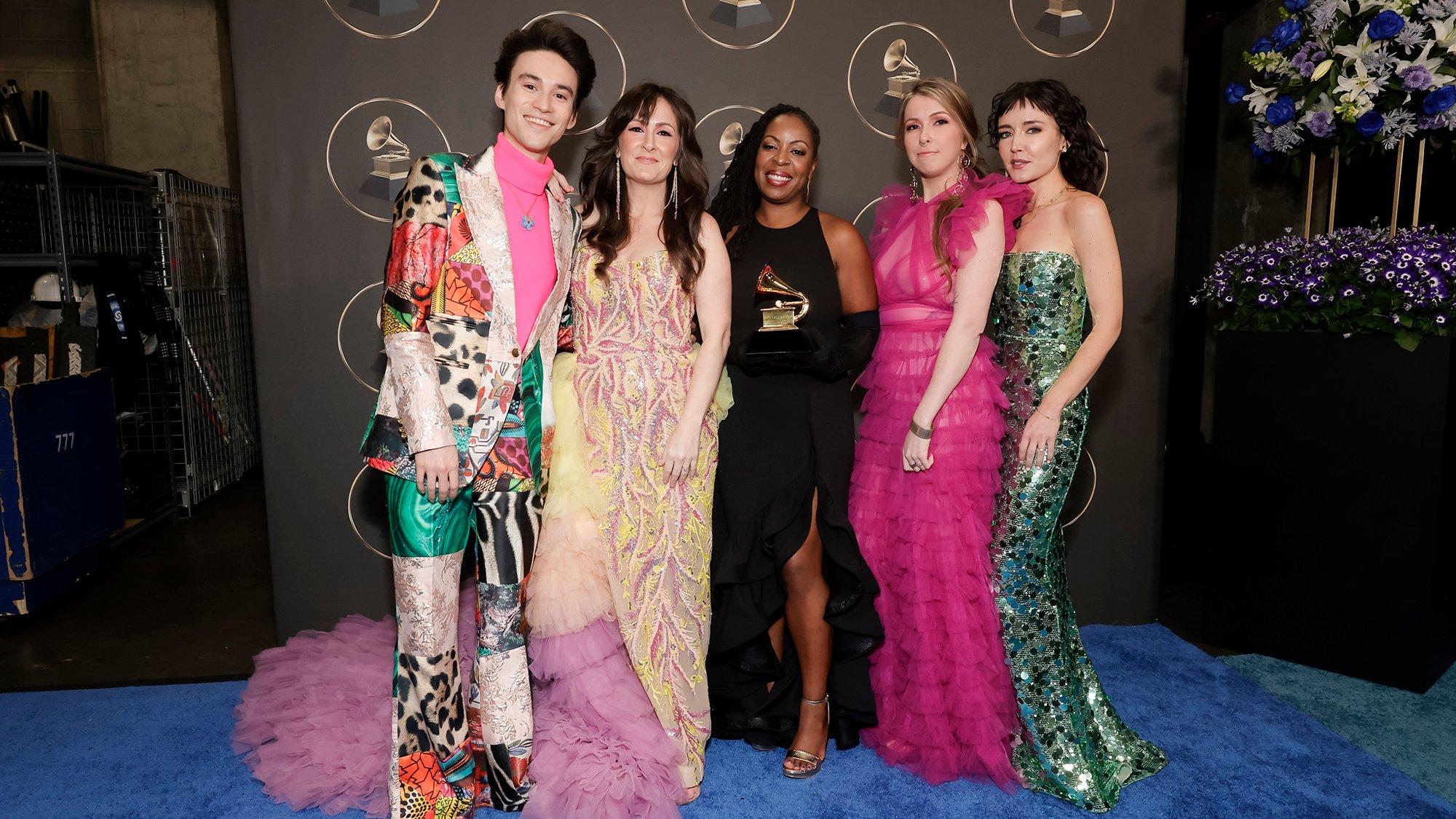 Jacob Collier, Sara Gazarek, Johnaye Kendrick, Amanda Taylor, and Erin Bentlage, winners of the "Best Arrangement, Instruments and Vocals" for "In The Wee Small Hours Of The Morning" pose in the press room during the 66th GRAMMY Awards.