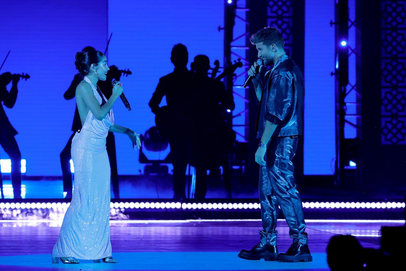 (L-R) Maria Becerra and Pablo Alborán perform onstage during 2023 Latin GRAMMYs on November 16, 2023, in Seville, Spain