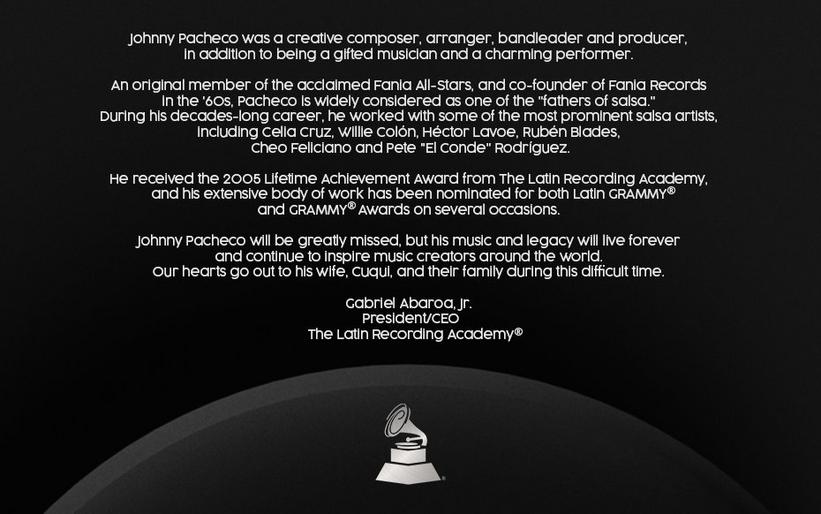 The Latin Recording Academy® statement about Johnny Pacheco