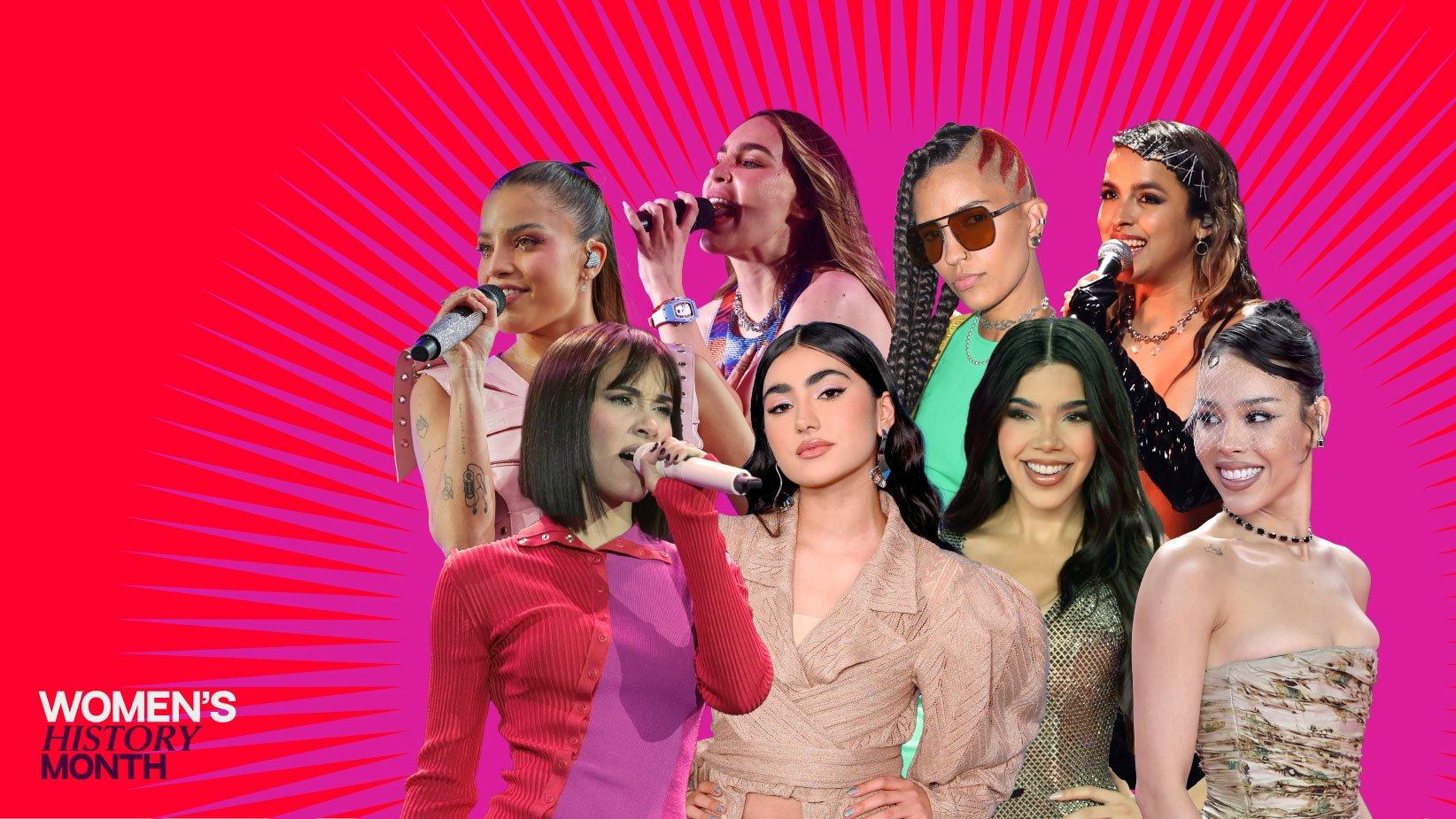 A photo collage of Latin pop artists including (Clockwise) Emilia, Belinda, Nohemy, Gale, Danna Paola, Kenia Os, Mariangela, Aitana