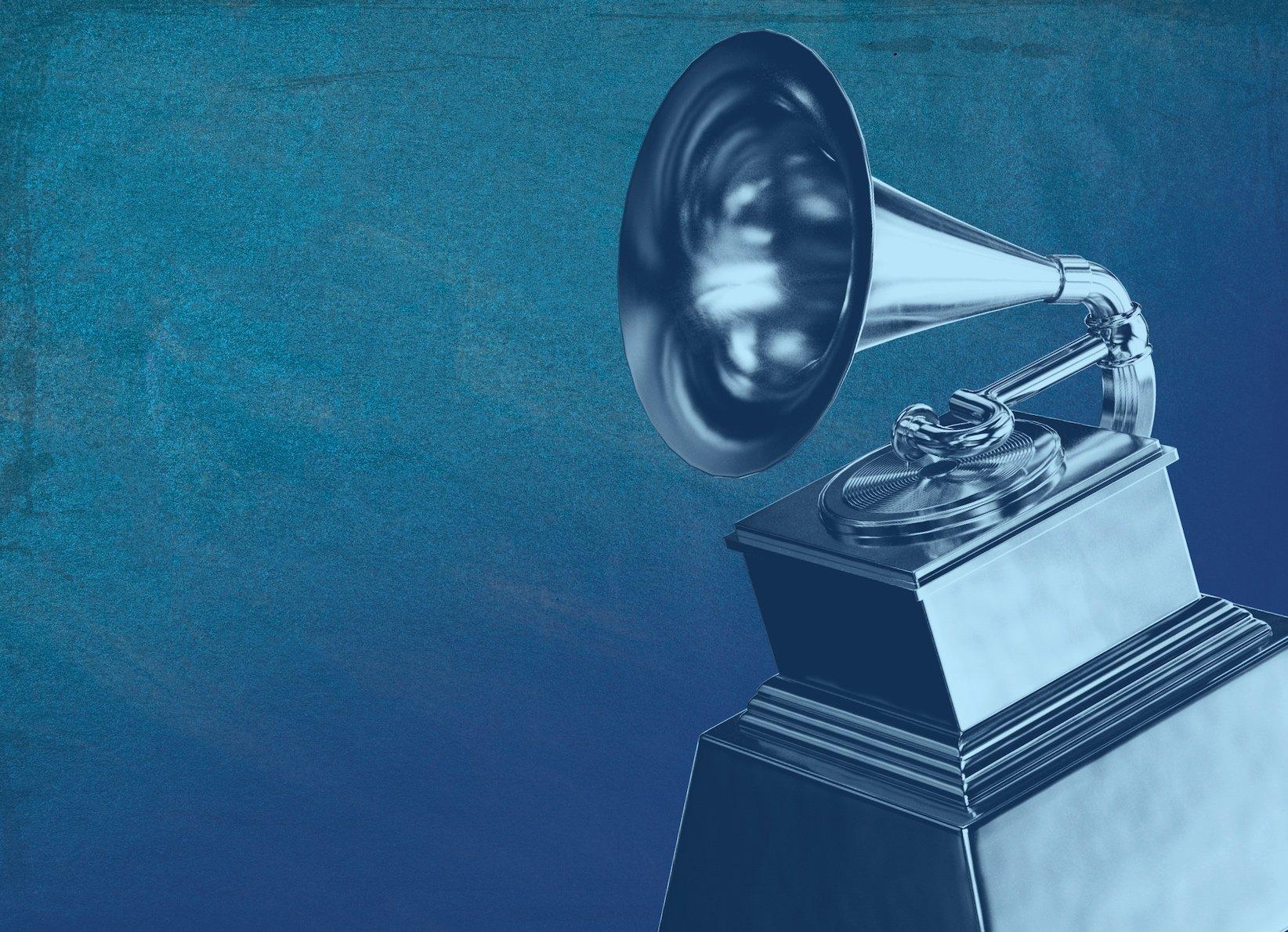 Graphic featuring a GRAMMY Award statue in a blue blackground