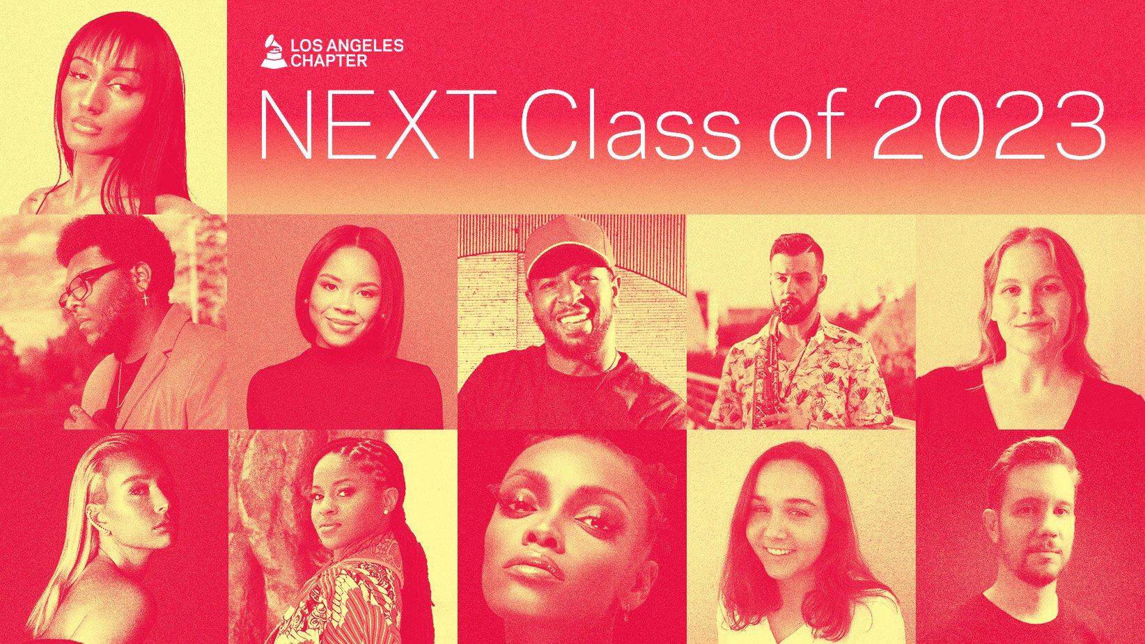 Graphic featuring images of the Recording Academy Los Angeles Chapter's NEXT Class of 2023 participants
