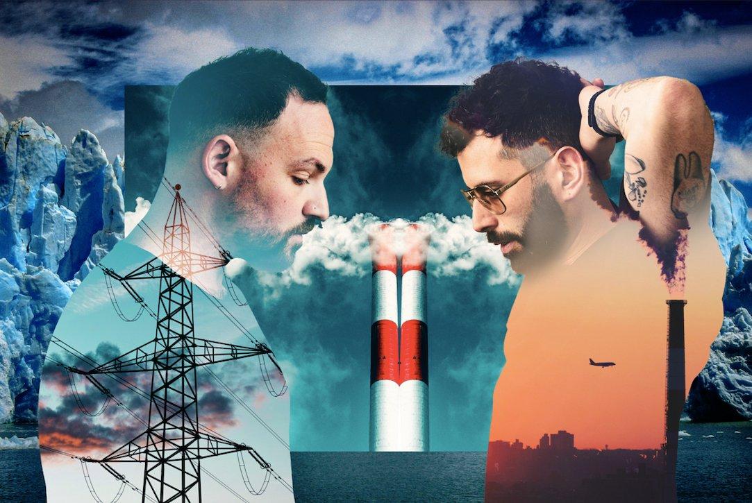 DJ duo Soul Clap are superimposed over energy lines and factory towers