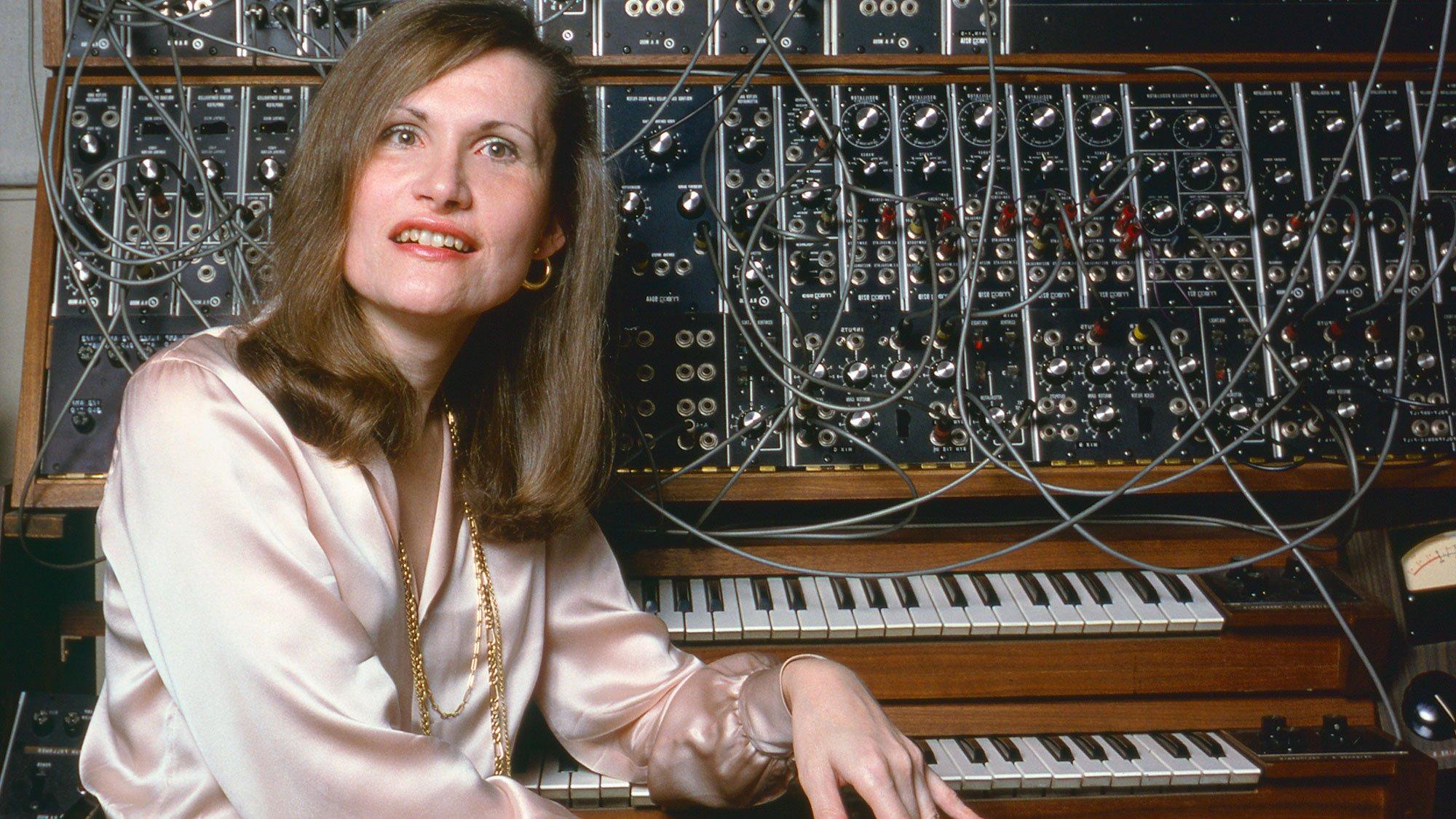 Wendy Carlos sits in front of a keyboard and modular synths at work in her New York City recording studio, October 1979.
