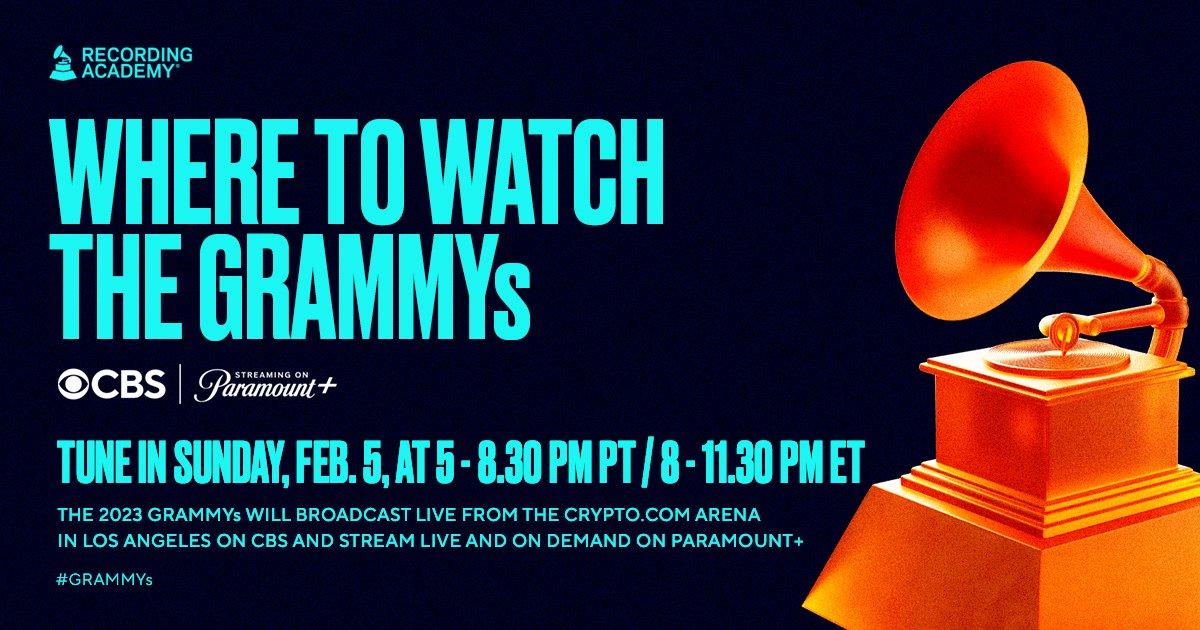 Graphic featuring information on Where, What Channel & How To Watch The Full 2023 GRAMMYs