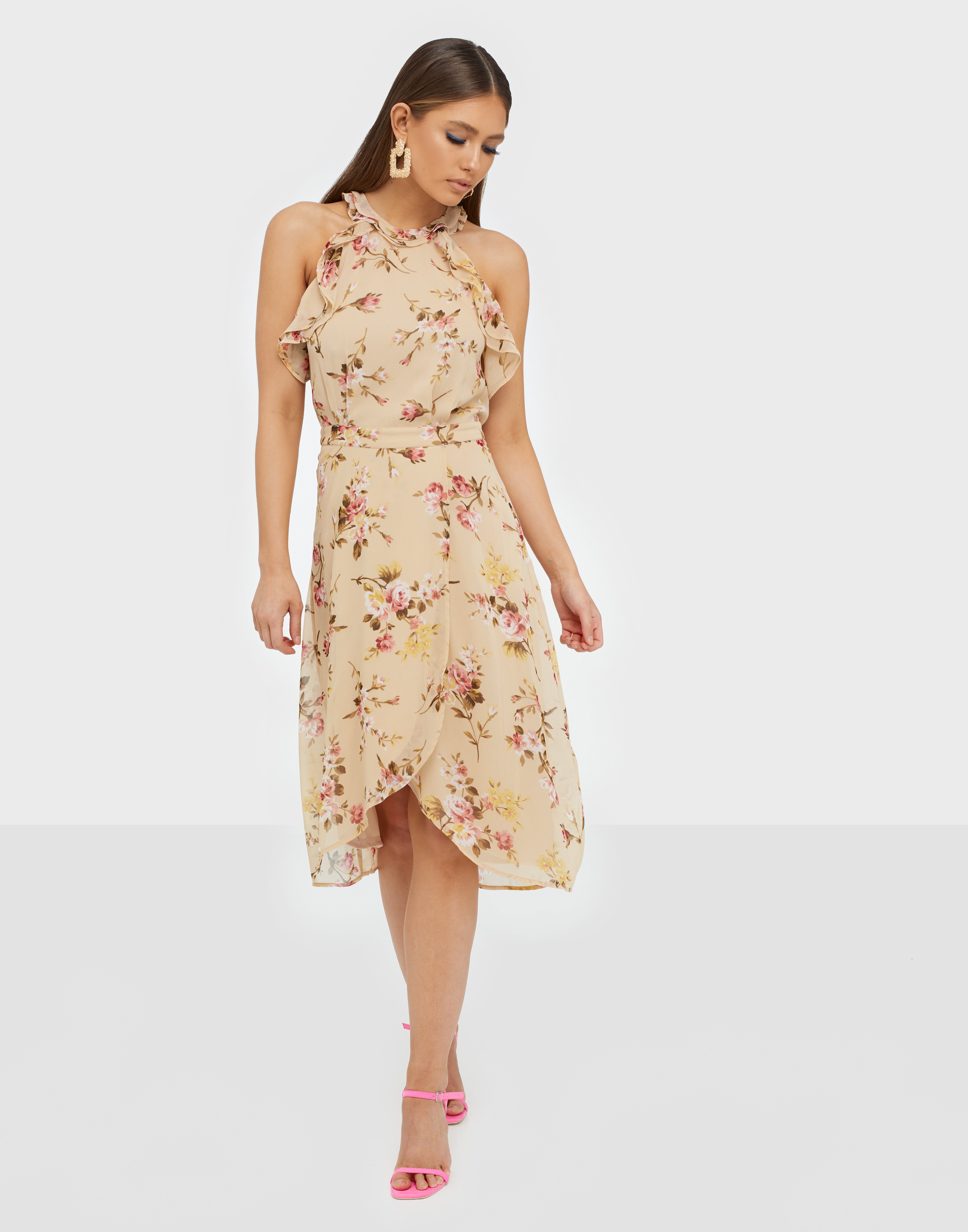 frill neck midi dress