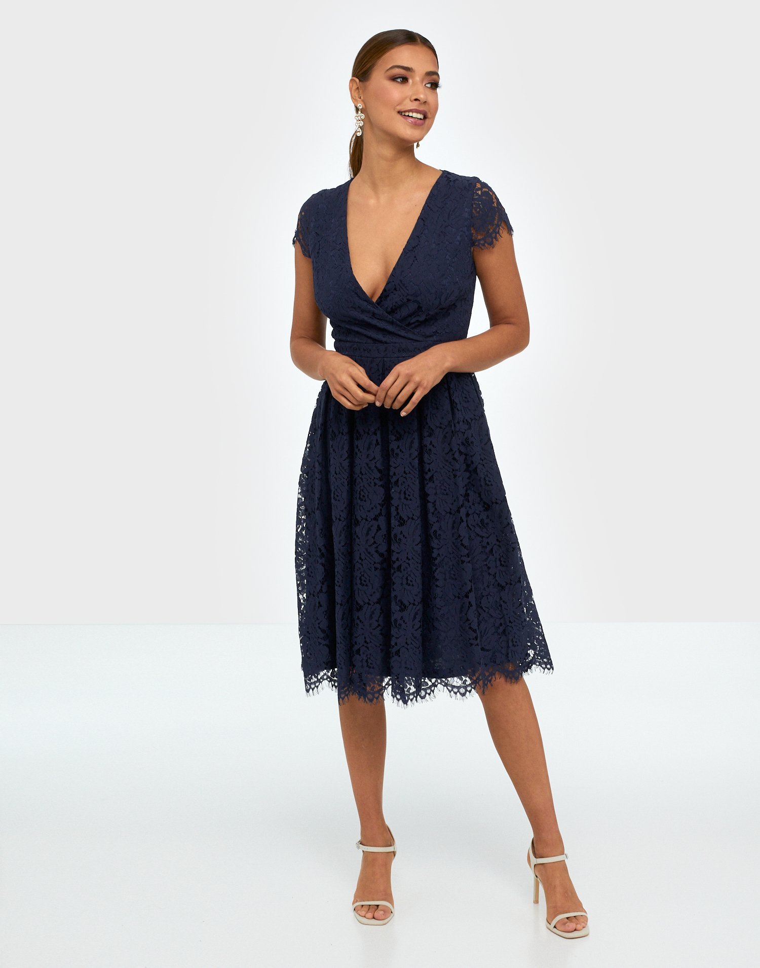 lace wrap midi dress