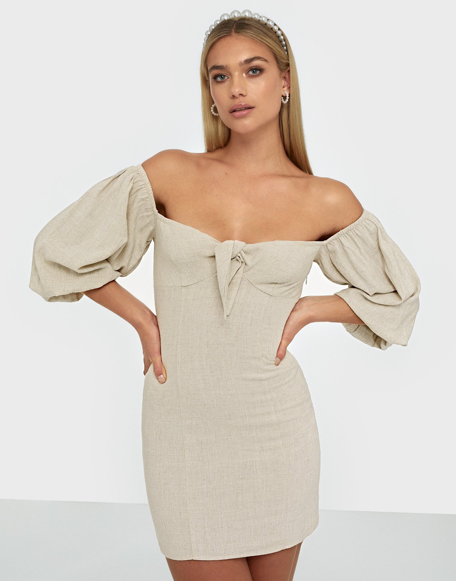 beige off the shoulder dress