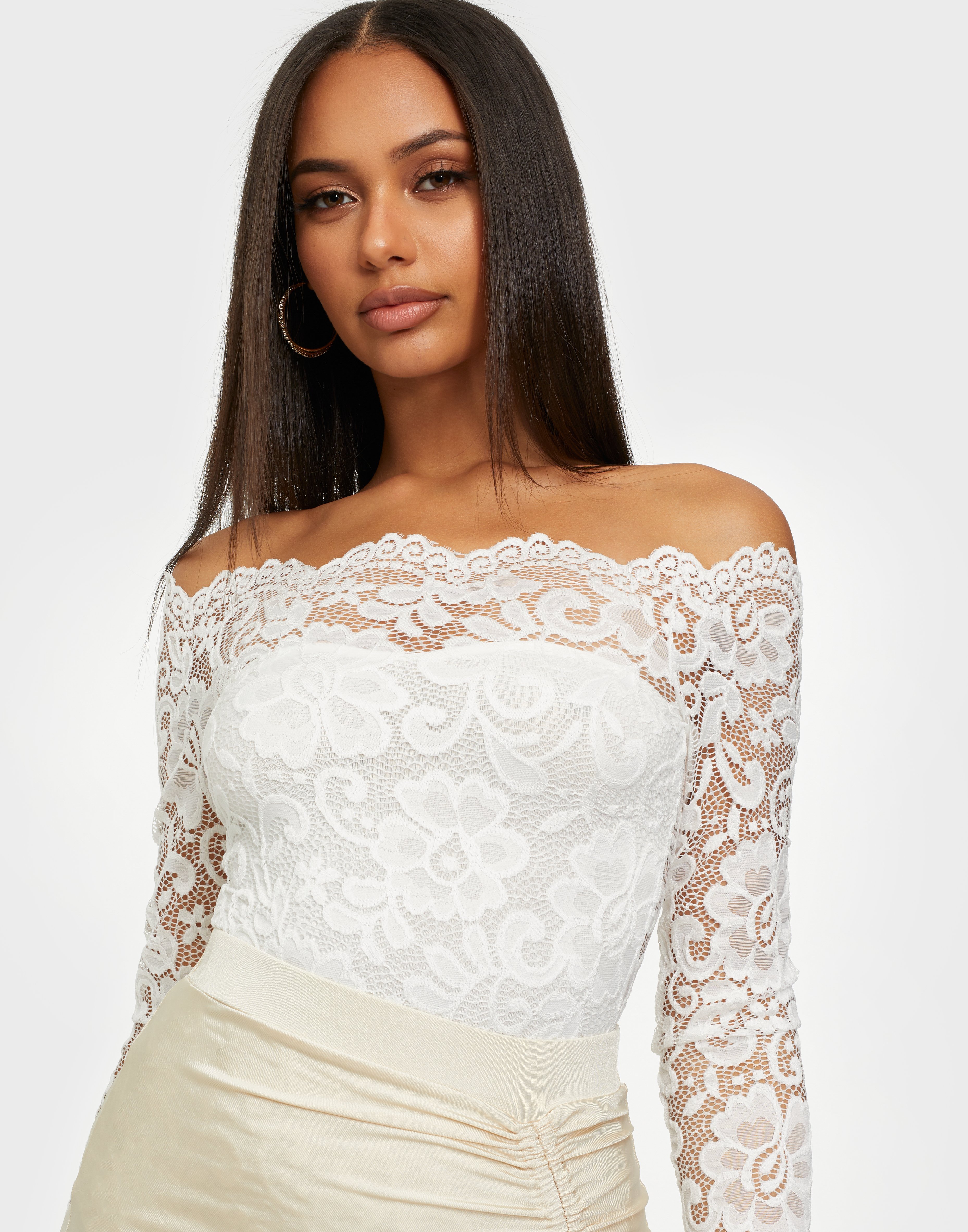 Shop Nly One Off Shoulder Lace Body Offwhite Nelly Com