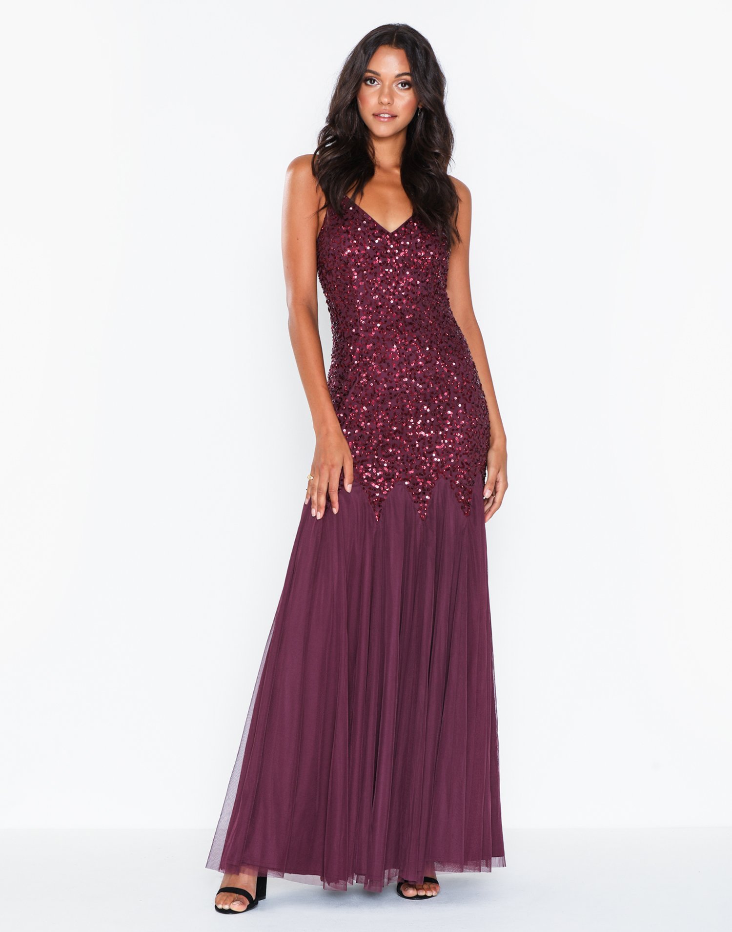 maya sequin cami godet fishtail maxi dress