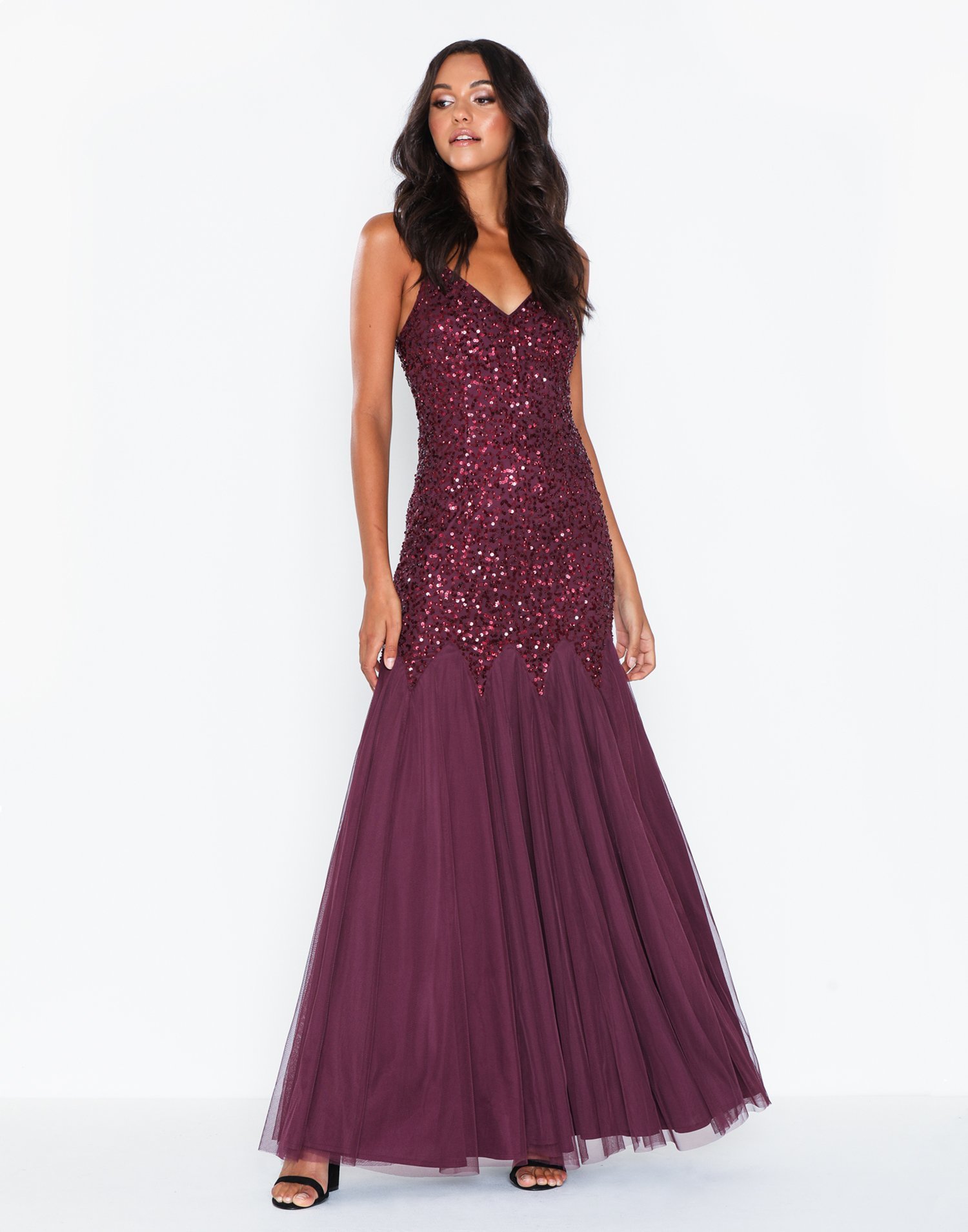 maya sequin cami godet fishtail maxi dress