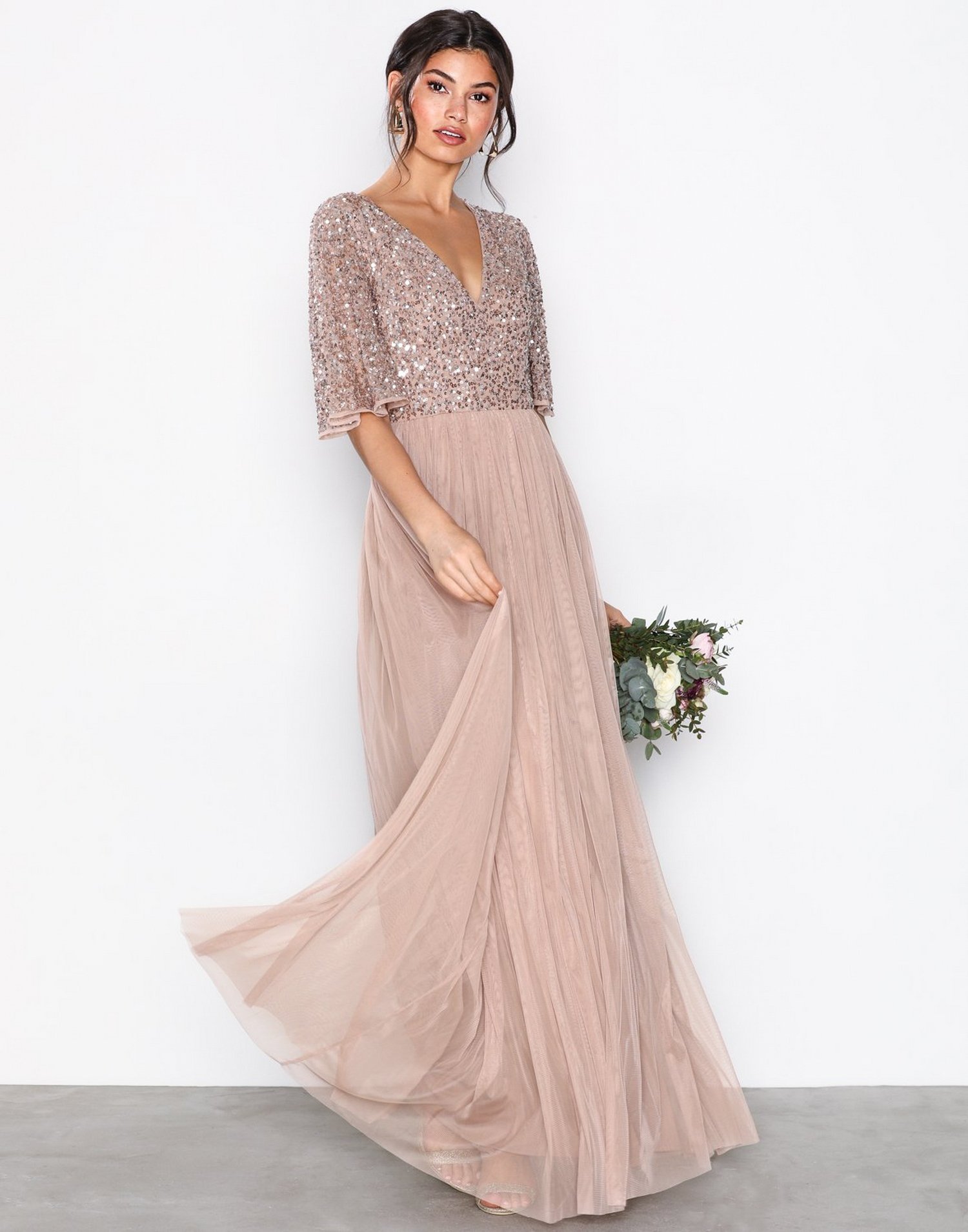 maya v neck short sleeve sequin maxi dress