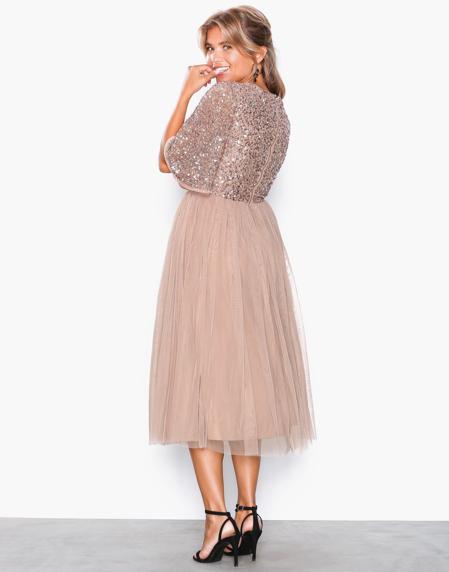 high neck delicate sequin midi dress