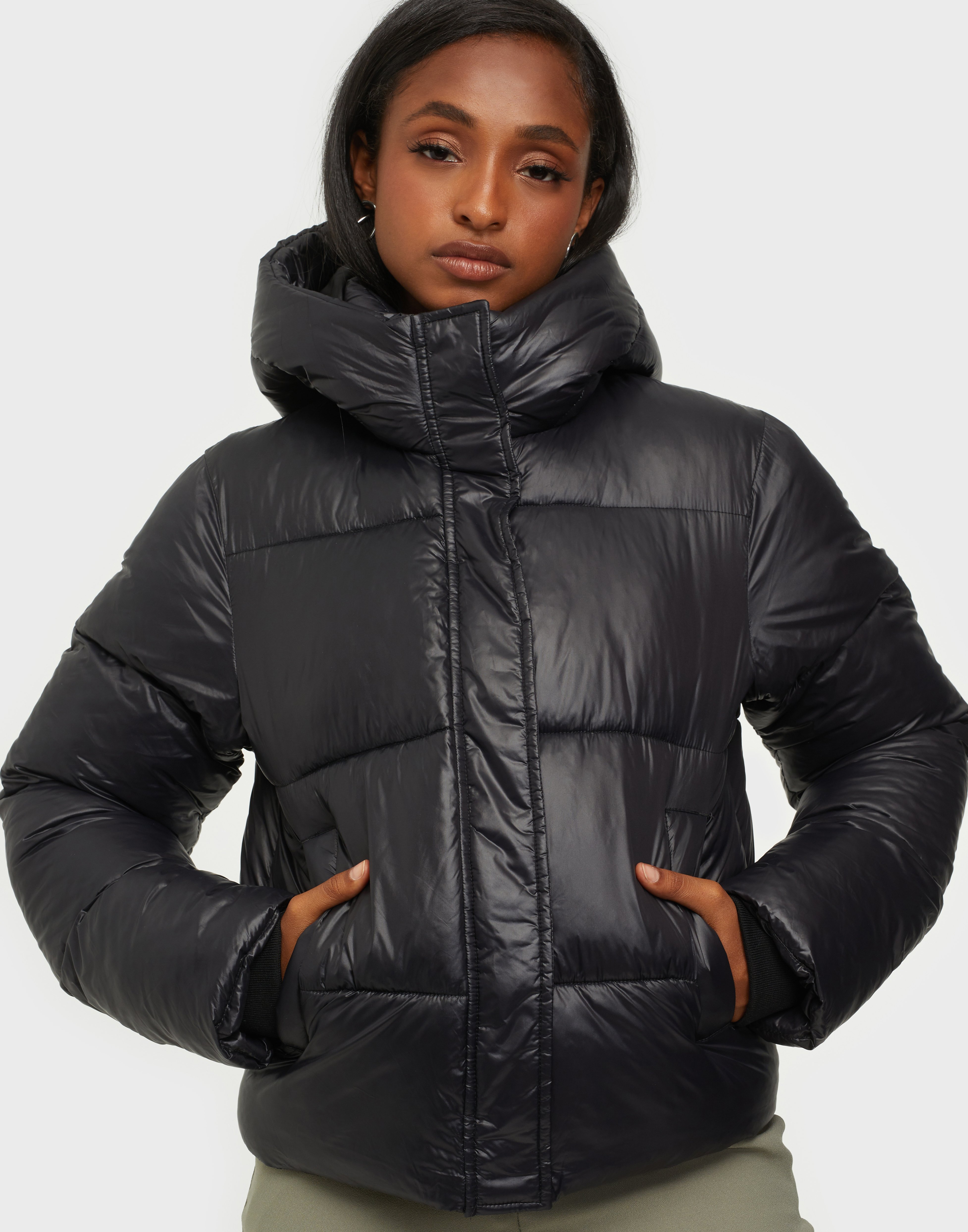 short black puffer jacket with hood