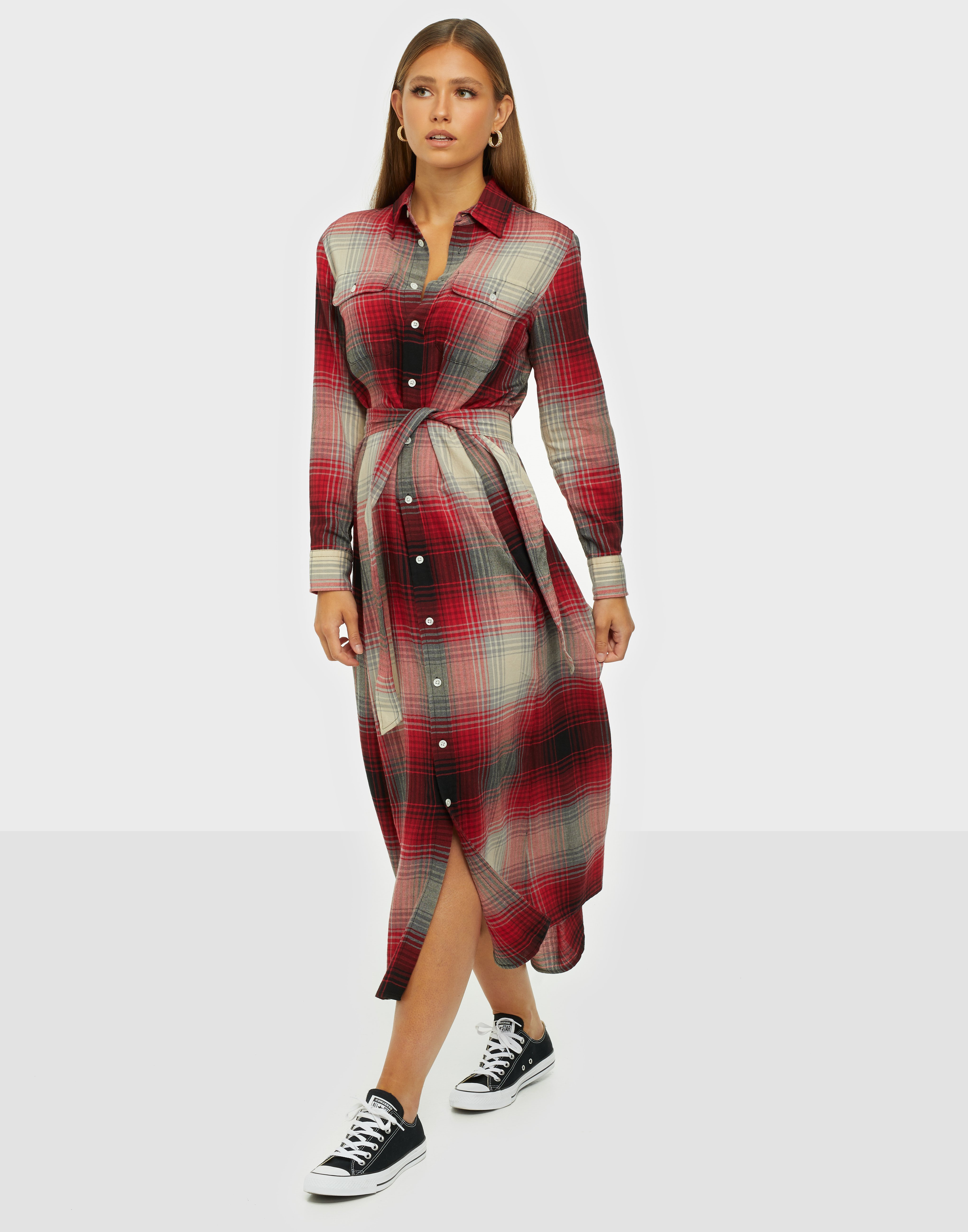 PLAID LONG SLEEVE DRESS - Red - Nelly.com